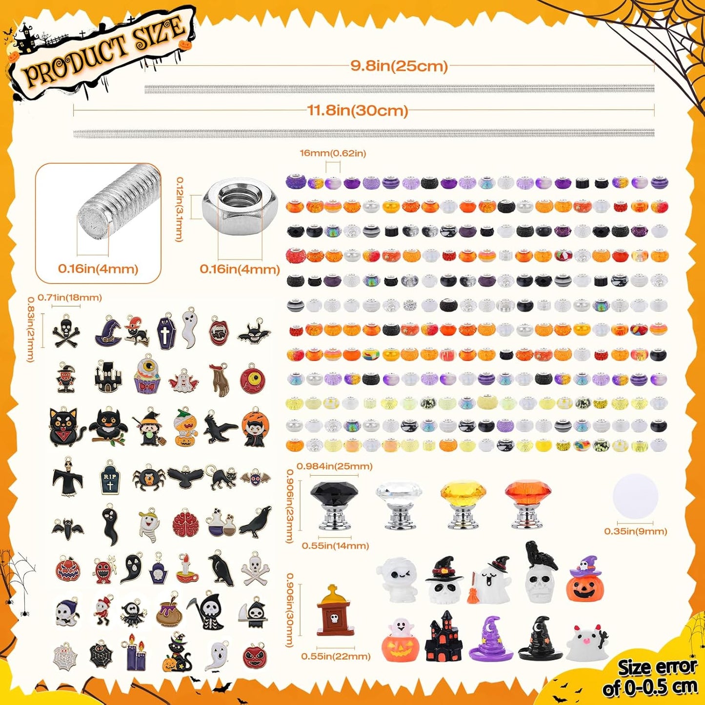 358PCS Halloween Beaded Garden Stakes, DIY Halloween Fairy Wand Garden Stake Decorative Kit with 12 in or 10 in Threaded Rod, Crystal Top, Large Holes Bead, Pendant for Outdoor or Indoor Decoration