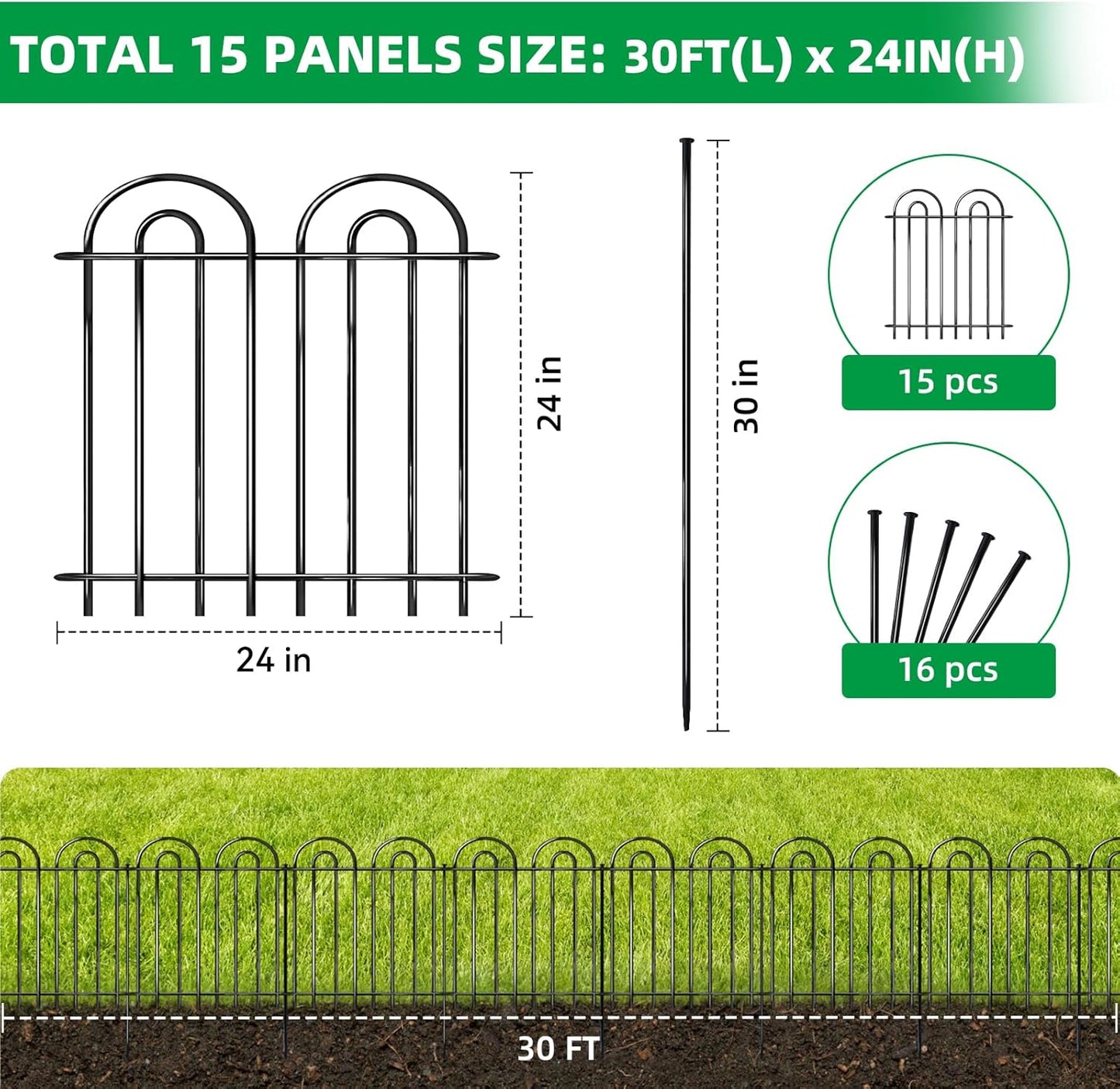15 Panels Decorative Garden Fence, 24 in(H) X 30 ft(L) No Dig Dog Fence Outdoor for Yard, Rustproof Metal Garden Fencing Animal Barrier Border with Ground Stakes, Temporary Fencing for Patio Outdoor