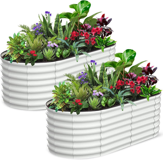2 Pcs 6x3x2ft Oval Raised Garden Bed, Galvanized Raised Beds,Open-Ended Base Metal Raised Planter Beds,Garden Bed Outdoor,Planter Raised Boxes for Vegetables, Flowers,Tool-Free Asse,White