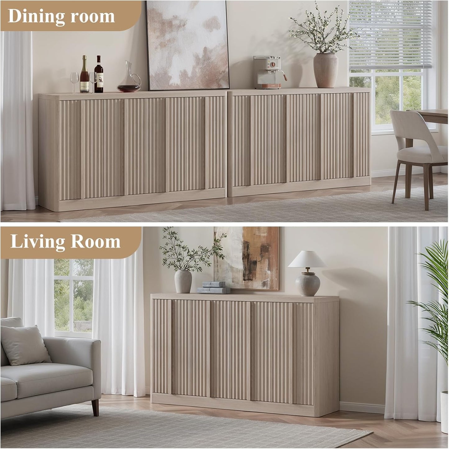 Fluted Buffet Cabinet with Storage, 60" Sideboard Buffet Accent Cabinet with 4 Door & Solid Wood Handle, Modern Buffet Table Credenza Console Cabinets for Living Room, Dining Room, Kitchen, Oak(1PCS)