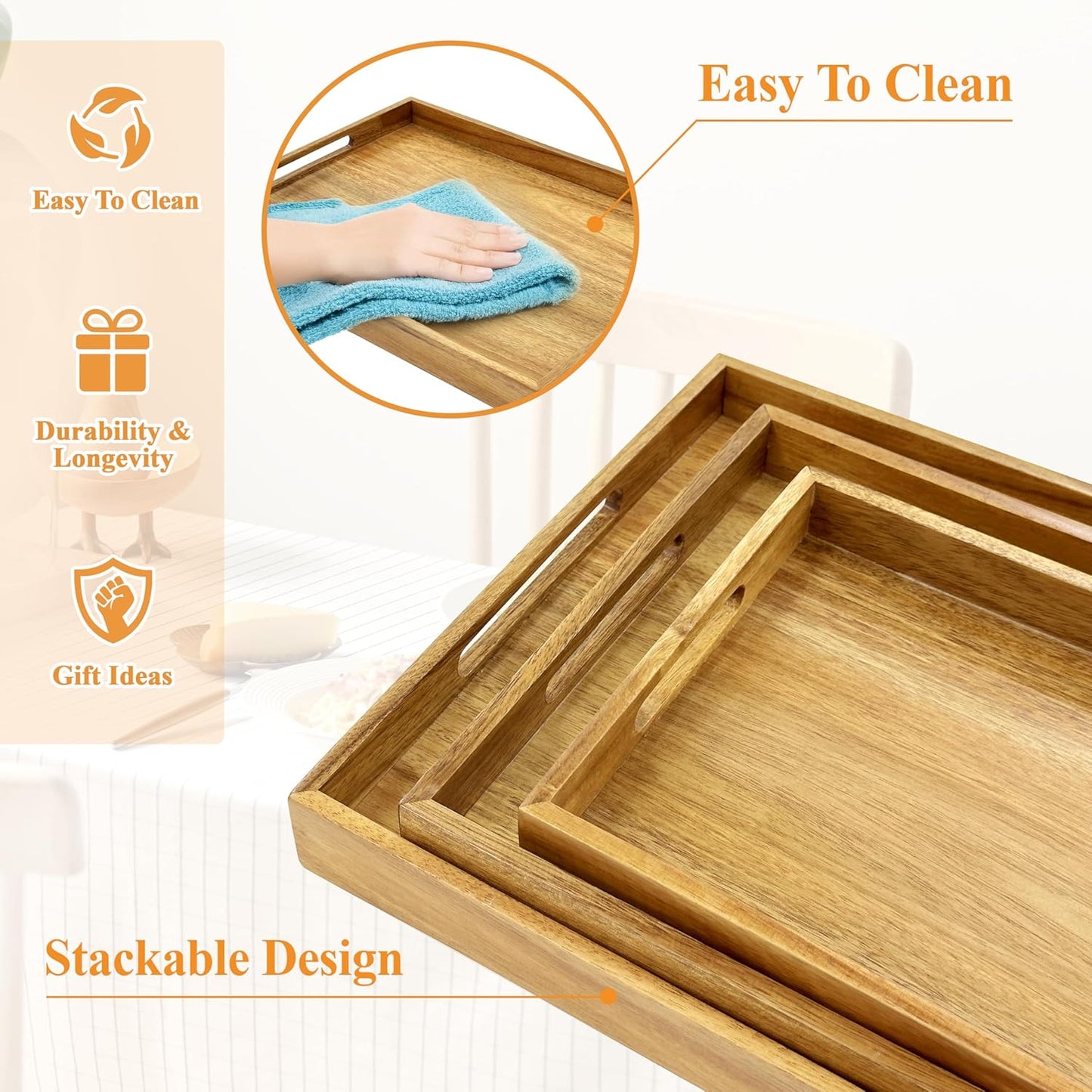 3 Pack Acacia Wood Serving Tray with Handles, Decorative Serving Trays Platter for Breakfast in Bed, Lunch, Dinner, Patio, Ottoman, Coffee Table, BBQ, Party, Great for Lap &Couch (Set of 3)