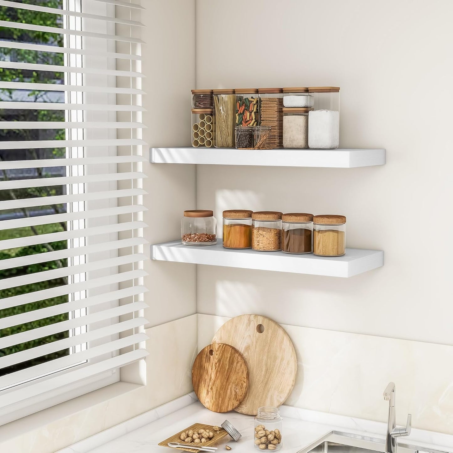 RICHFOCUS 31.5Inch Floating Shelves for Wall 2 Pack Shelves for Bedroom|Kitchen|Bathroom Wall Mounted Rustic Wood Floating Shelf with Invisible Brackets for Books|Storage|Decor, White