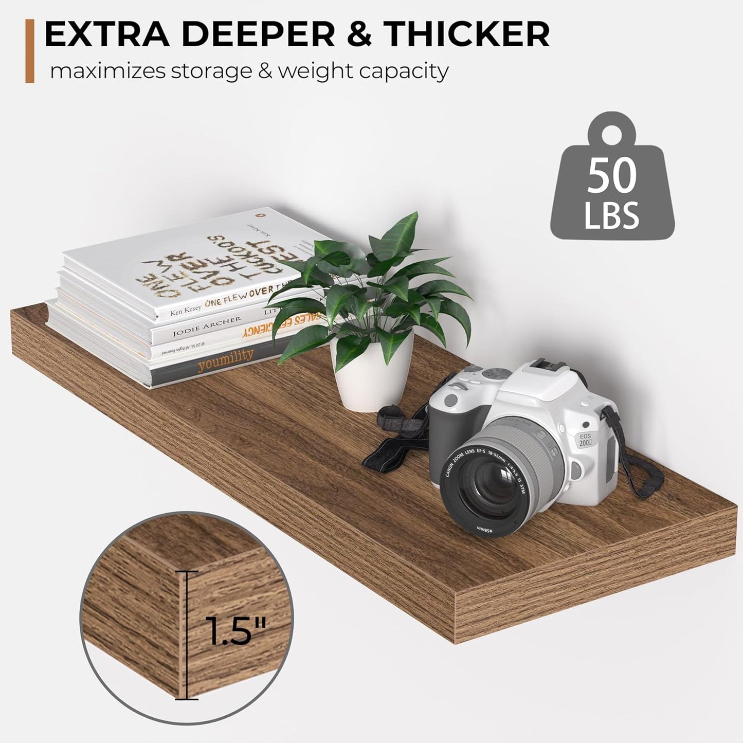 Fun Memories Floating Shelves - 24 Inch Rustic Wooden Wall Shelves - Extra Deeper & Thicker Wall Mounted Storage Shelf for Living Room, Kitchen, Farmhouse - 24"x 9"x 1.6" 2Pack, Walnut