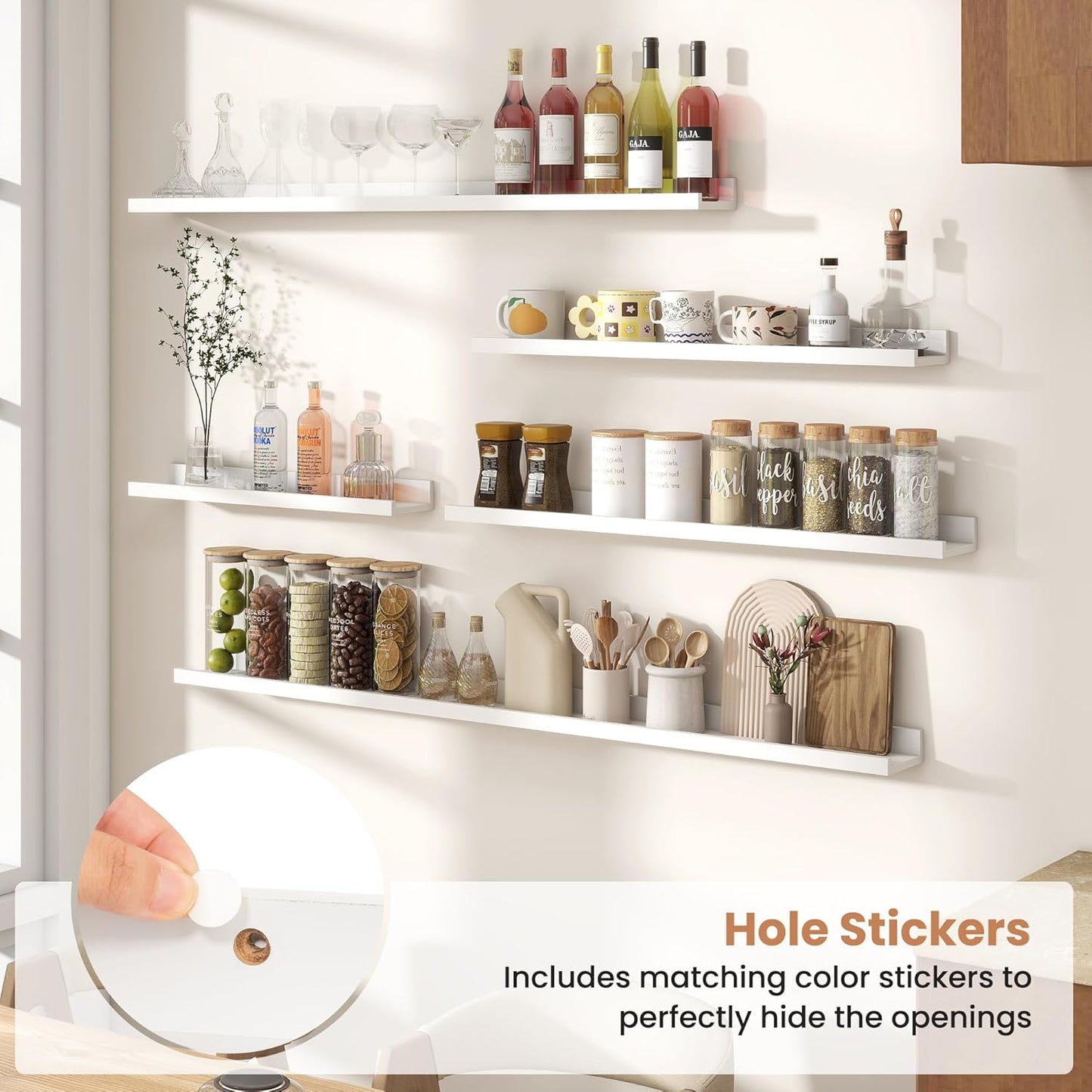 Fun Memories Picture Ledge Shelves Set of 2, 32 Inch Rustic Wall Mounted Floating Shelves with Lip for Home Storage and Décor in Bathroom, Kitchen, Nursery, Bedroom, Living Room, White