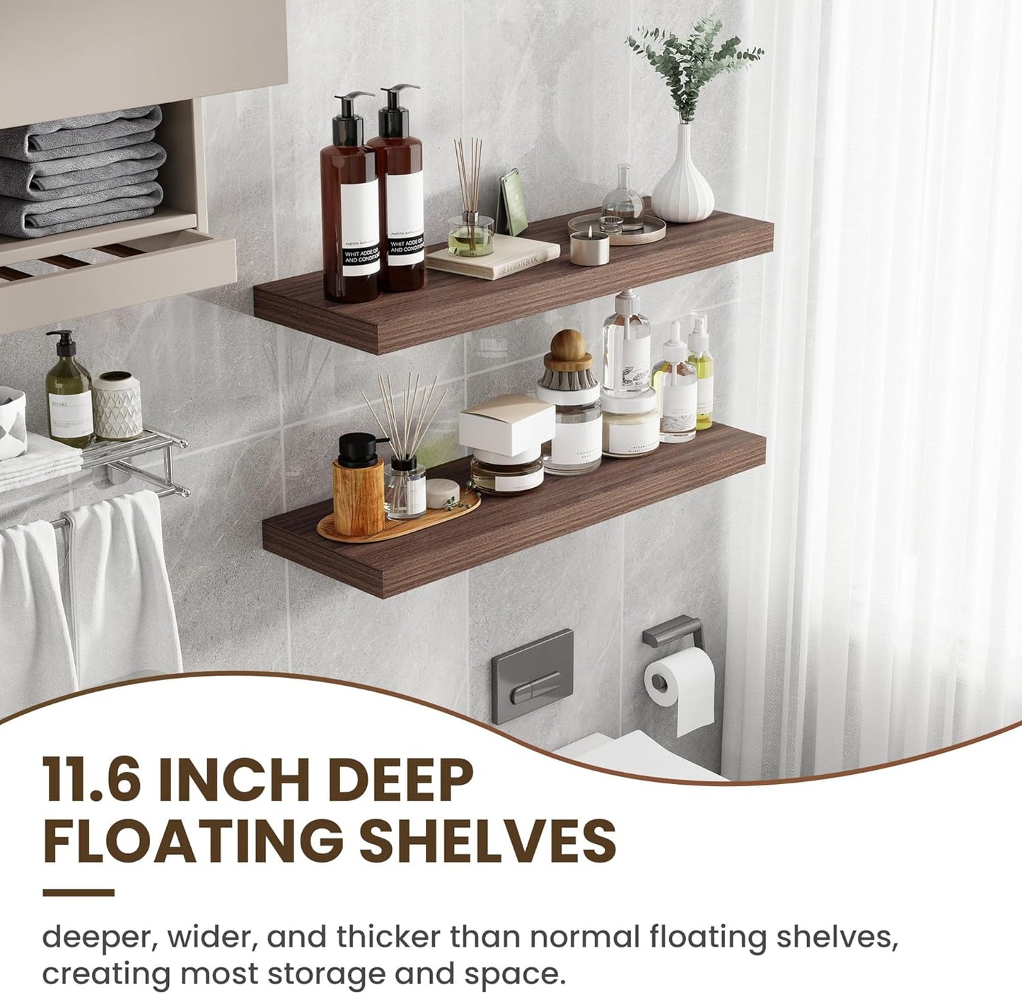 36 Inch Floating Shelves, 11.6 Inch Deep Floating Shelves for Wall, Floating Shelf with Invisible Brackets, Deep Shelves for Bathroom, Bedroom, Living Room, 2 Pack, Walnut