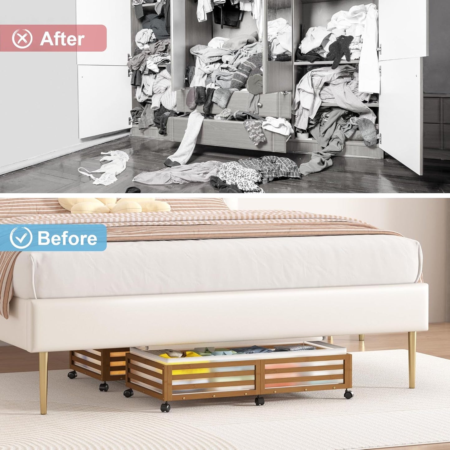 Under Bed Storage Containers With Wheels - 2 Pcs Large Bamboo Wood Rolling Underbed Shoe Storage Bins With Dust Bags for Clothes Blankets, Duvet Covers Snacks Toys (Walnut)