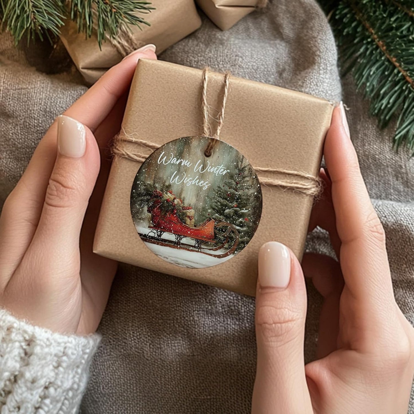 Vintage Rustic Christmas Ceramic Ornament Gifts, Farmhouse Winter Snowy Christmas Sleigh Decorative Hanging Ornaments for Xmas Tree Holiday Party Decoration, Winter Xmas Tree Decorations