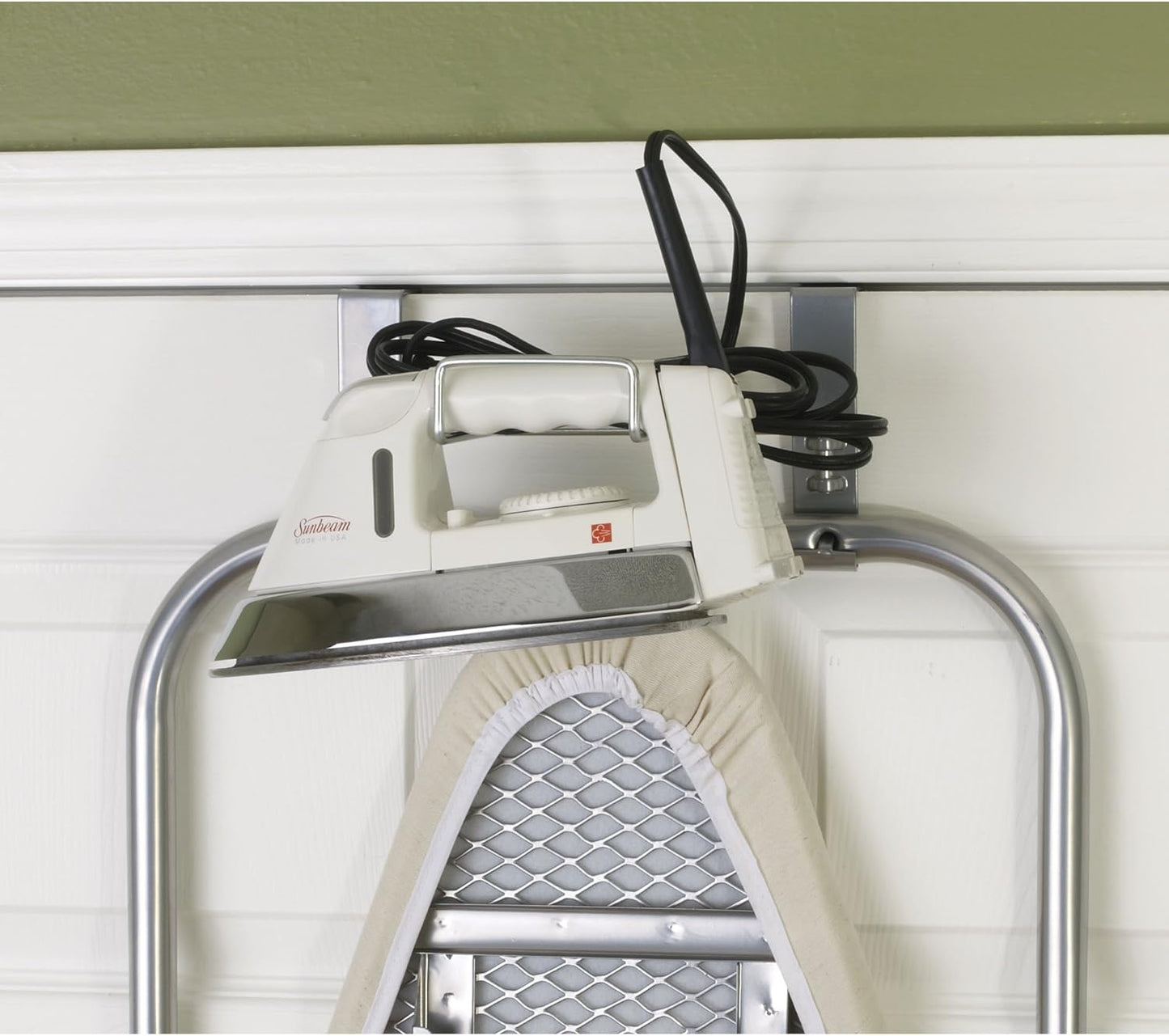 Household Essentials 144222 Over The Door Small Ironing Board with Iron Holder, Natural Cotton Cover Silver
