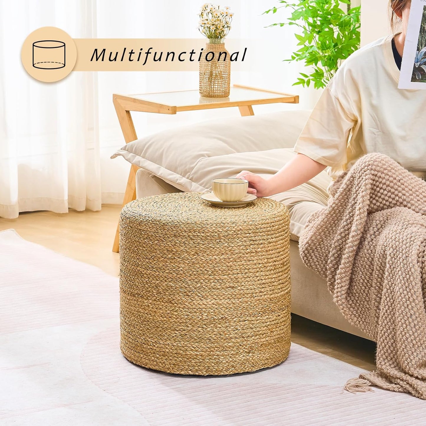 Handwoven Ottoman Pouf, Natural Seagrass Footstool, Round Braided Outdoor Seat with Sturdy Frame, Boho Accent Stool for Patio, Balcony, or Garden (Seagrass)