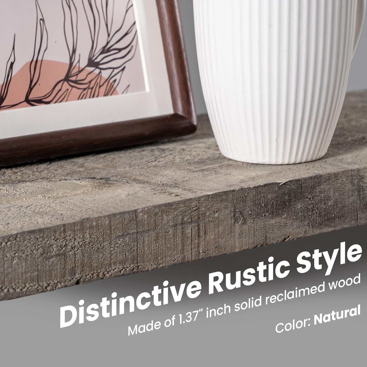 48 Inch Fireplace Mantel Shelf - 8 Inch Deep Rustic Solid Reclaimed Wood Floating Shelf, Wall Mounted Farmhouse Display Shelf with Invisible Heavy Duty Metal Bracket, Set of 2, Cement Grey