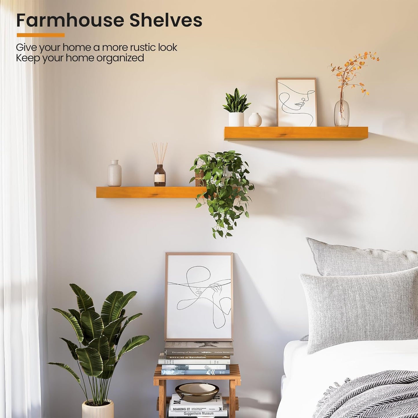 Honey Oak Floating Wall Shelves 16 Inches Long x 8”x 1.4” Shelf Floating Rustic Farmhouse Decor, Heavy Duty Shelf Hold 35 lbs, Wall Shelves for Bathroom Living Room Kitchen Bedroom Office