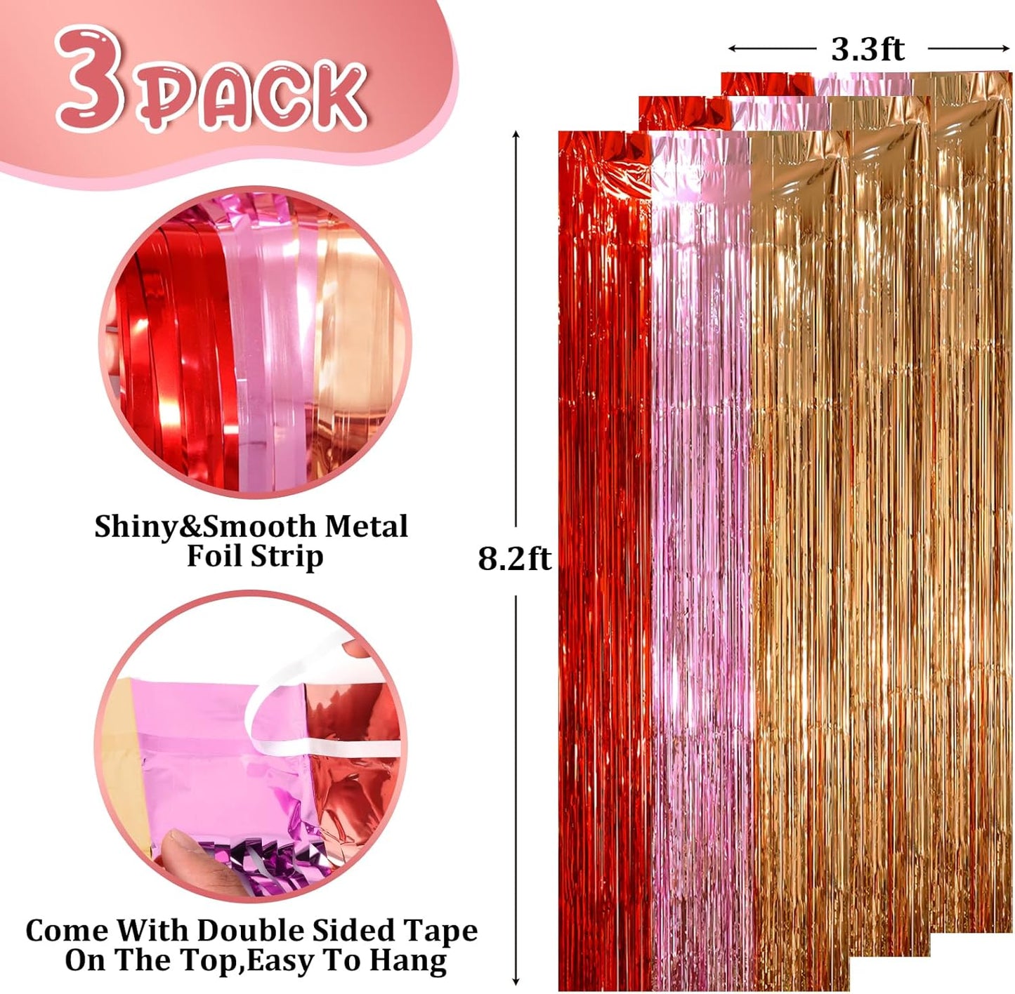 3 Pack 3.3 x 8.2 ft Valentine Foil Fringe Backdrop Curtains, Tinsel Streamers Party Decorations, Fringe Backdrop, Door Shimmer for Valentine or Birthday Party