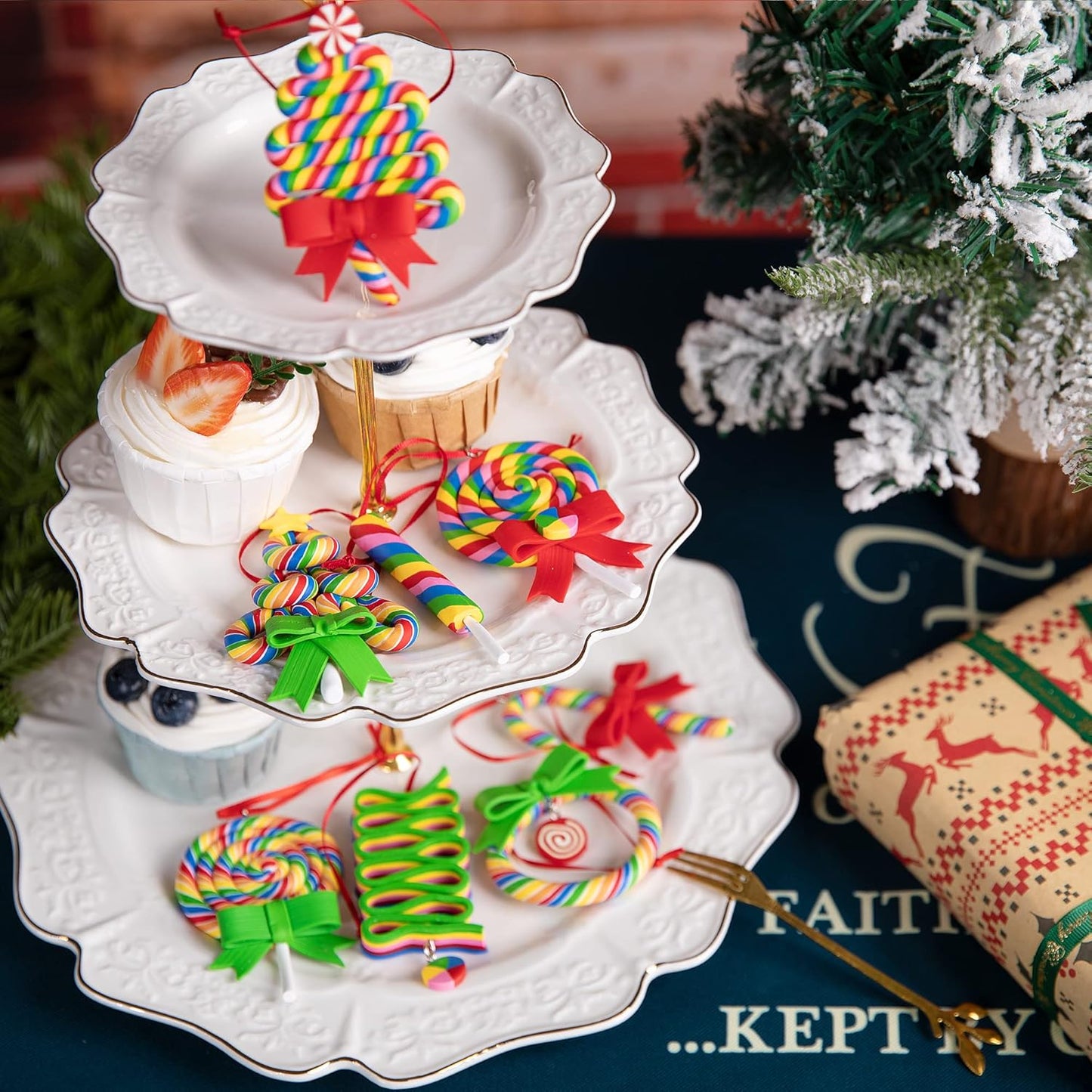 codree 8 PCS Christmas Lollipop Ornaments- Rainbow Lollipop Hanging Ornaments- Christmas Candies Polymer Clay Ornament for Xmas Tree Party Decoration