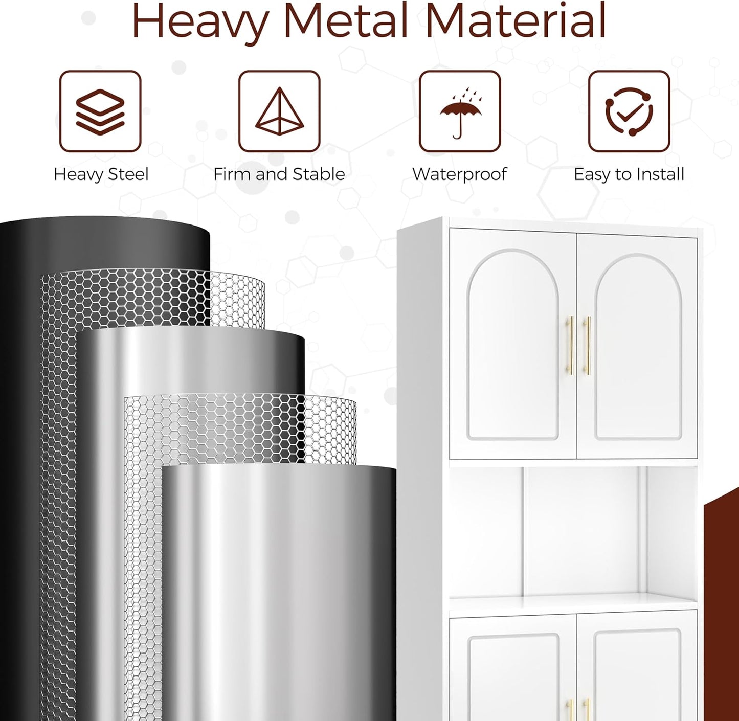 75" Tall Kitchen Pantry Storage Cabinet, Metal Storage Cabinets with 4 Doors and Adjustable Shelves，White Kitchen Hutch Cabinet with Microwave Stand, Large Cupboard for Dining Living Room