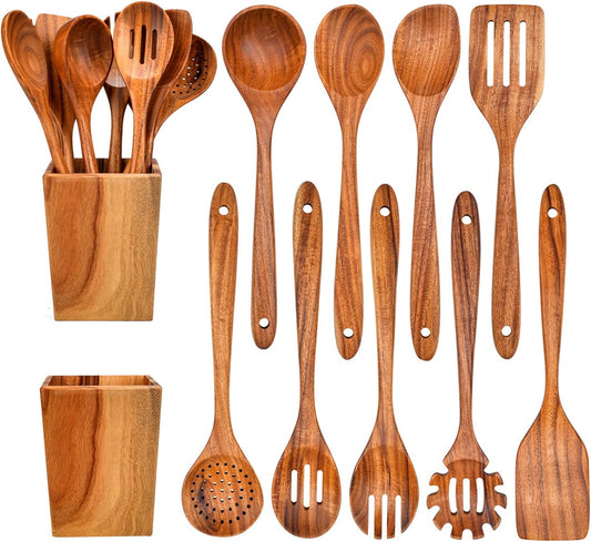 Gudamaye 13 inch Long Wooden Spoons for Cooking, 9 PCS Natural Teak Wooden Kitchen Utensil Set with Utensils Holder Made of Australia Camphor Laurel Wood，Wooden Utensils for Cooking
