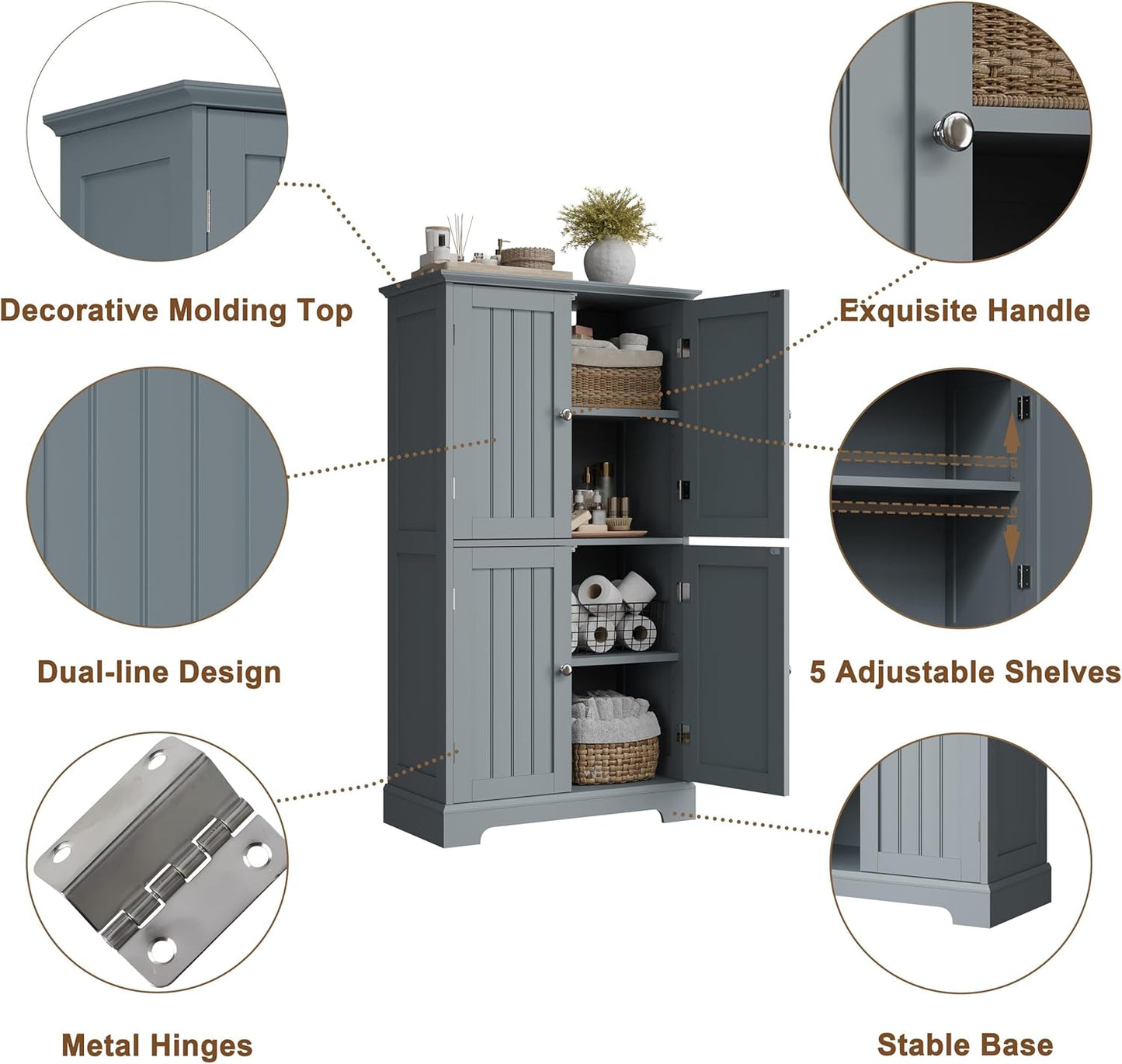 ChooChoo Bathroom Floor Cabinet, Modern Bathroom Storage Cabinet with 4 Doors and Adjustable Shelves, Freestanding Cupboard for Living Room, Grey
