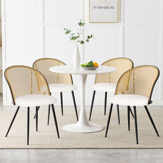 Dining Chairs Set of 4, Mid Century Modern Dining Room Chairs with Full Rattan Back, Faux Leather Kitchen Dining Chairs Farmhouse Armless Mesh Cane Back Side Chairs with Metal Legs, White