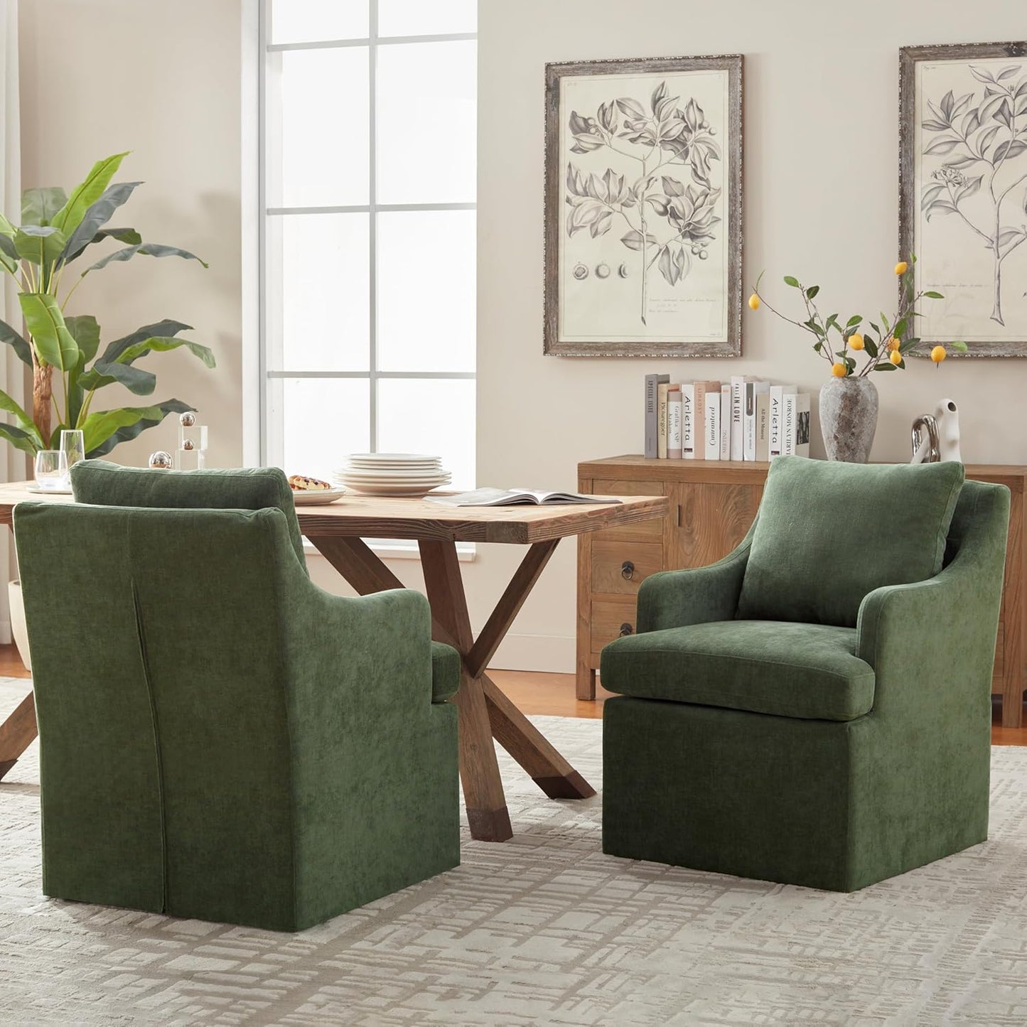 VKNOW Upholstered Dining Chairs, Modern Kitchen Chairs Dinner Chairs with 4 Casters, Linen Armchair for Bedroom Reading Room Living Room, Green