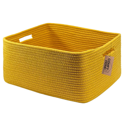 COMFY-HOMI Cotton Rope Woven Basket with Handles for Shelves,Toys,Book, Cloth Storage Baskets for Organizing-17" x 13" x 7.5" Toy Decorative Organizer for Living Room, Bathroom （Yellow）