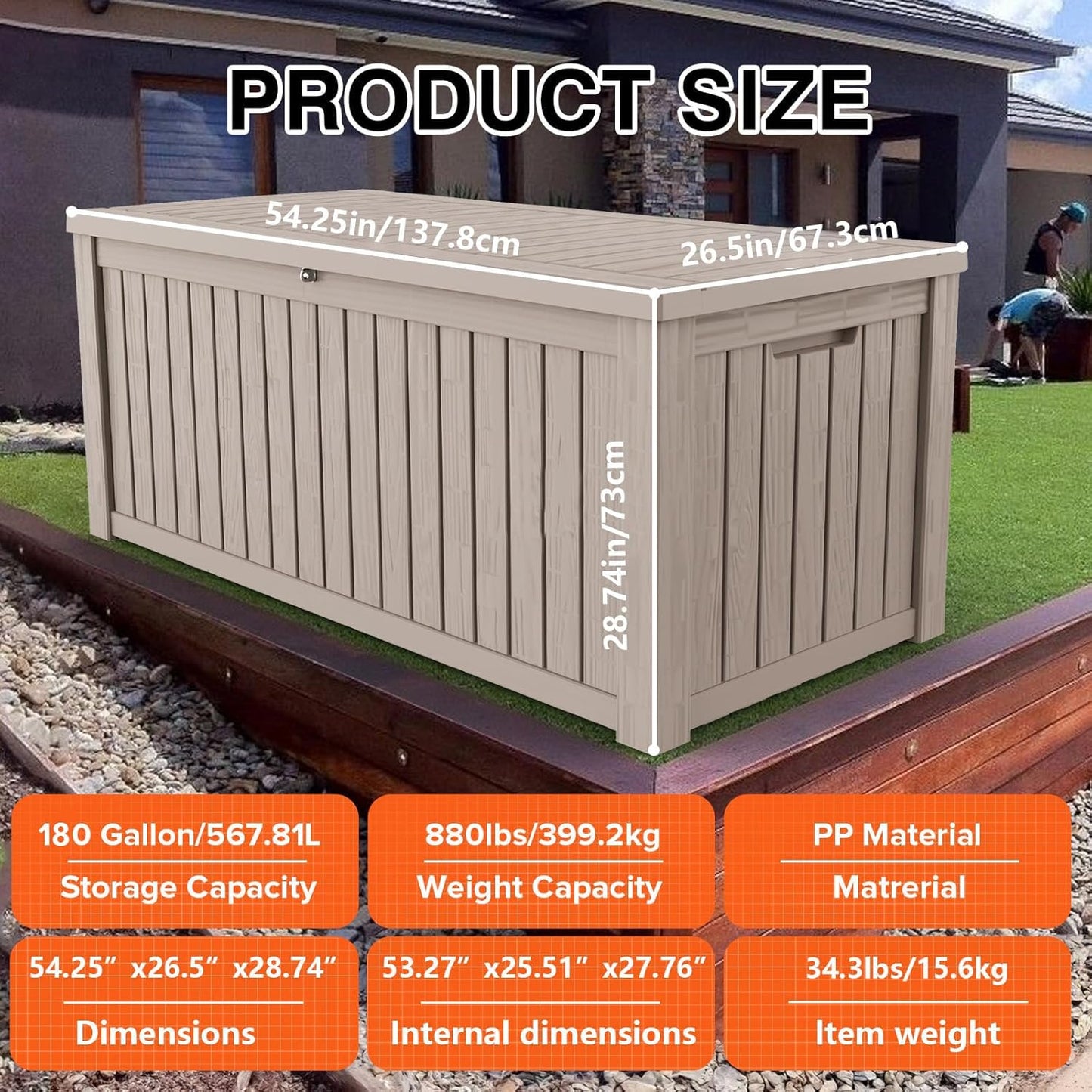 180 Gallon Lockable Resin Deck Box, Waterproof & UV-Resistant Outdoor Storage Box for Outdoor Cushion Storage, Garden Tools & Pool Accessories Storage, Gray