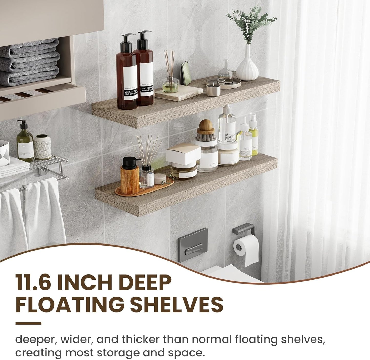 36 Inch Floating Shelves, 11.6 Inch Deep Floating Shelves for Wall, Floating Shelf with Invisible Brackets, Deep Shelves for Bathroom, Bedroom, Living Room, 2 Pack, Vintage Gray Oak