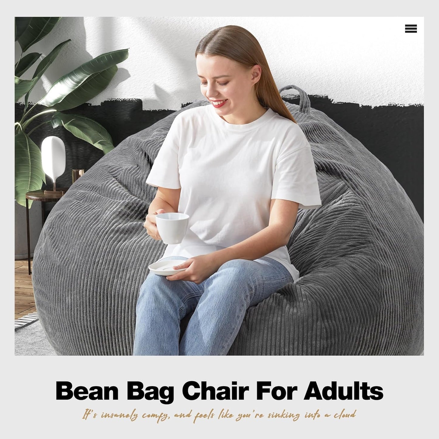 Hobestluk 4.5FT Bean Bag Chair Giant Bean Bag Chair with Filler Included Adult Bean Bag Chairs with Removable Cover for Bedroom Living Room - (Jumbo, Grey)