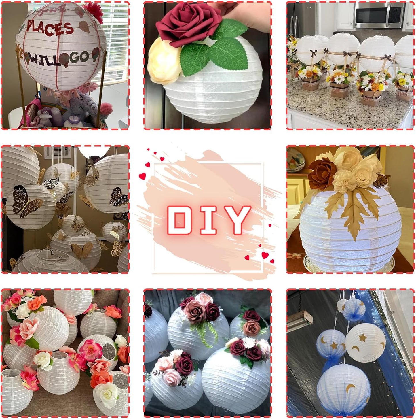 12Pcs Round Paper Lanterns Assorted Sizes (6" 8" 10" 12") for Home Decor, Restaurant, Church, Wedding, Birthday Party Decorations, Hanging Chinese Japanese Paper Lantern Lamps (White and Red)