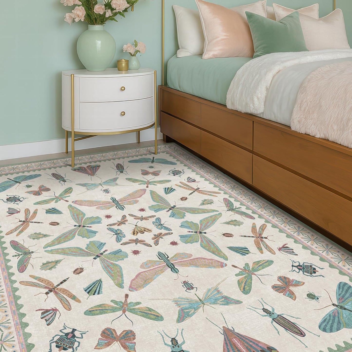 Green and Blue Nursery Rug 5x8 - Washable Soft Area Rugs for Bedroom Under Bed, Living Room, Vintage Floral Butterfly Fun Indoor Floor Decor