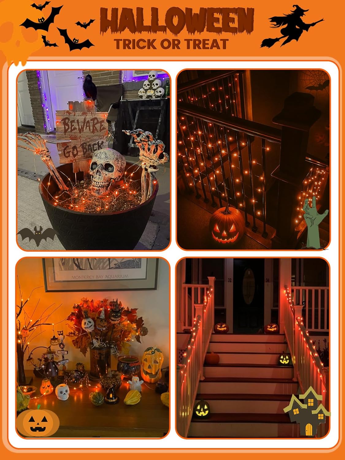 4 Pack 20FT 60LED Halloween Battery Operated Fairy Lights with Timer, Waterproof Battery String Lights Outdoor Indoor, Battery Twinkle Lights for Bedroom Wedding Birthday Party Halloween (Orange)