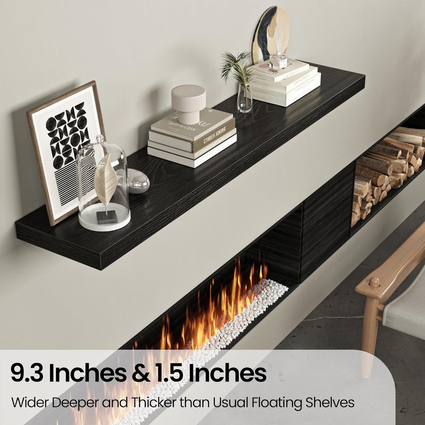 Floating Shelves for Wall, 48" W x 9.3" D x 1.5" H, Wooden Wall Mounted Display Shelves with Invisible Brackets for Living Room, Bedroom, Bathroom, Kitchen Decor and Storage, Set of 1, Black