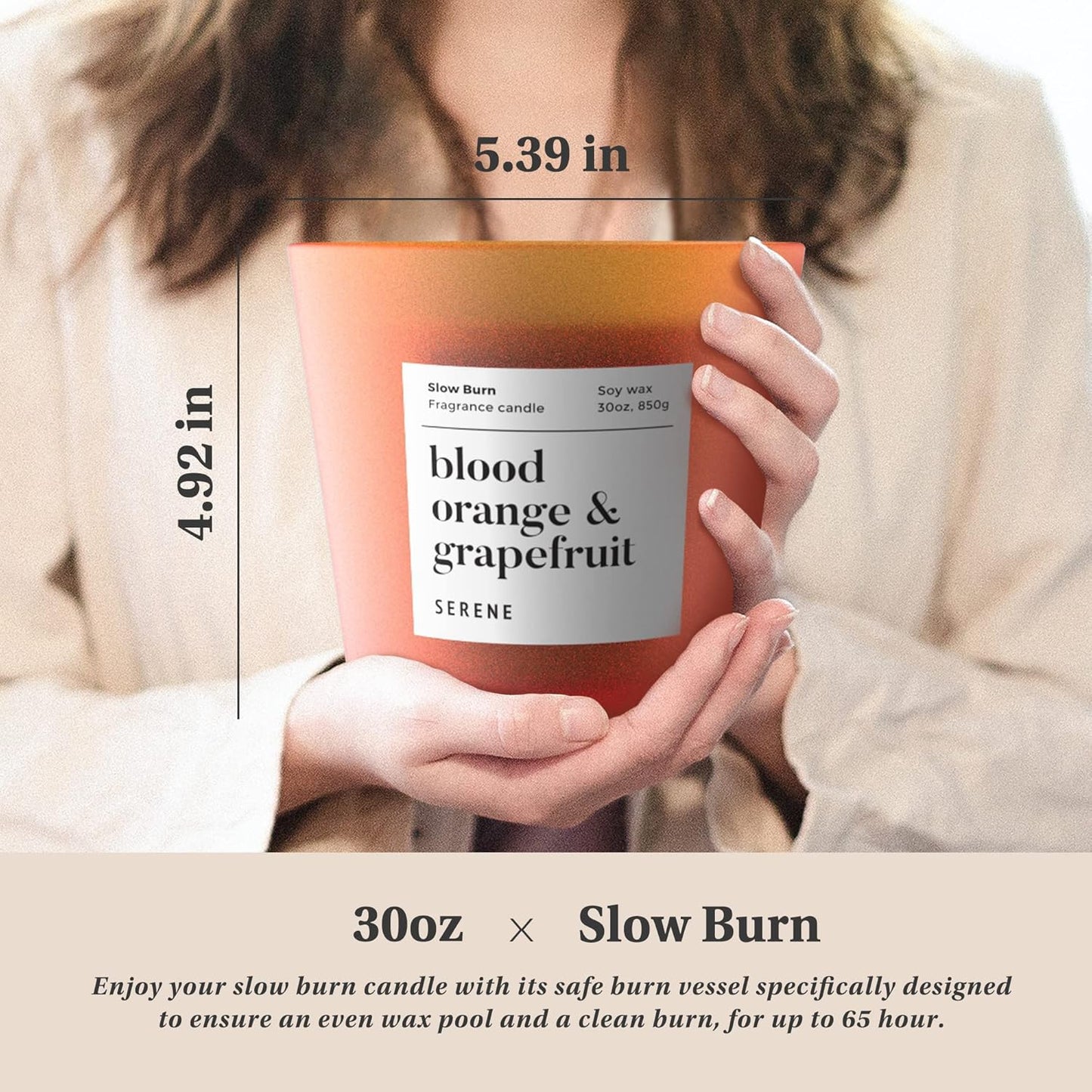 Hidden Label Large Scented Candle, Blood Orange & Grapefruit, 30oz 3 Wick Huge Candle, Serene Collection Slow Burn Natural Soy Candles for Home Scented