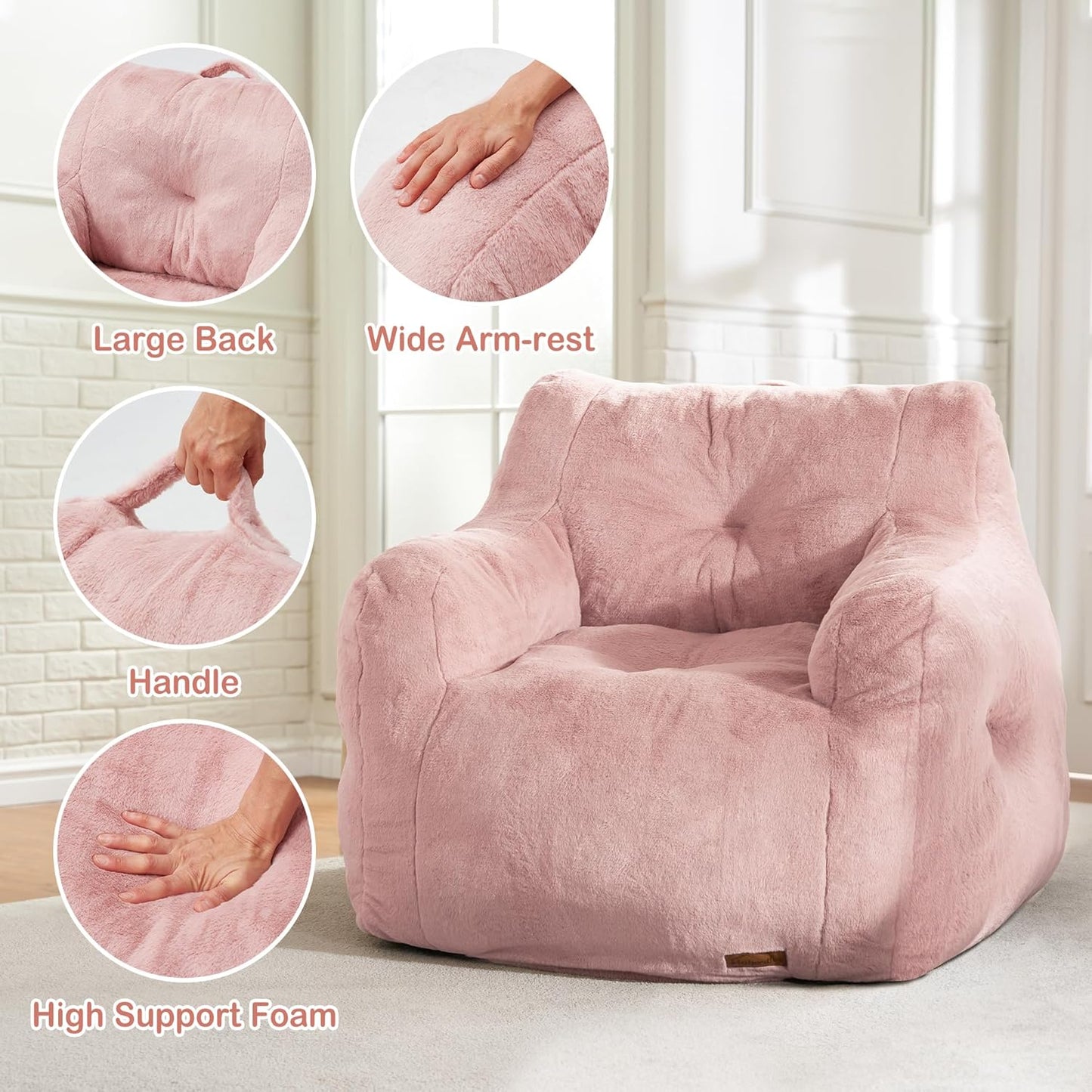 Hobestluk Bean Bag Chair for Adult Small Bean Bag Chairs with Arms Furry Beanbag Chair with Foam Filler Stuffed Bean Bag Sofa for Reading in Bedroom Living Room and Dorms(Pink)