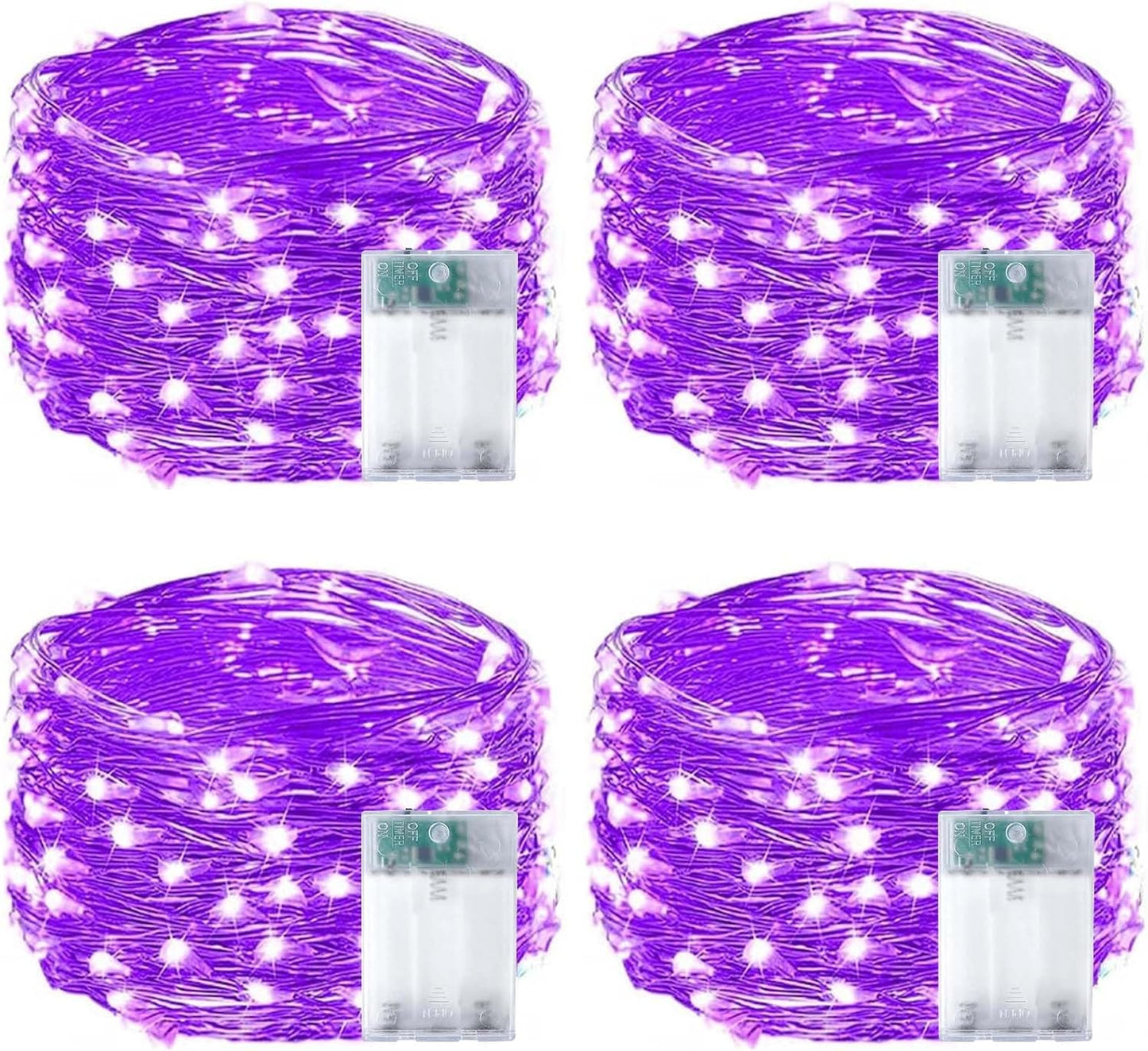 4-Pack 50 LED Fairy Lights Battery Operated with Timer, 16FT Waterproof Halloween String Lights Outdoor Indoor LED Starry Lights for Halloween Parties Bedroom Home Centerpiece DIY Decorations (Purple)