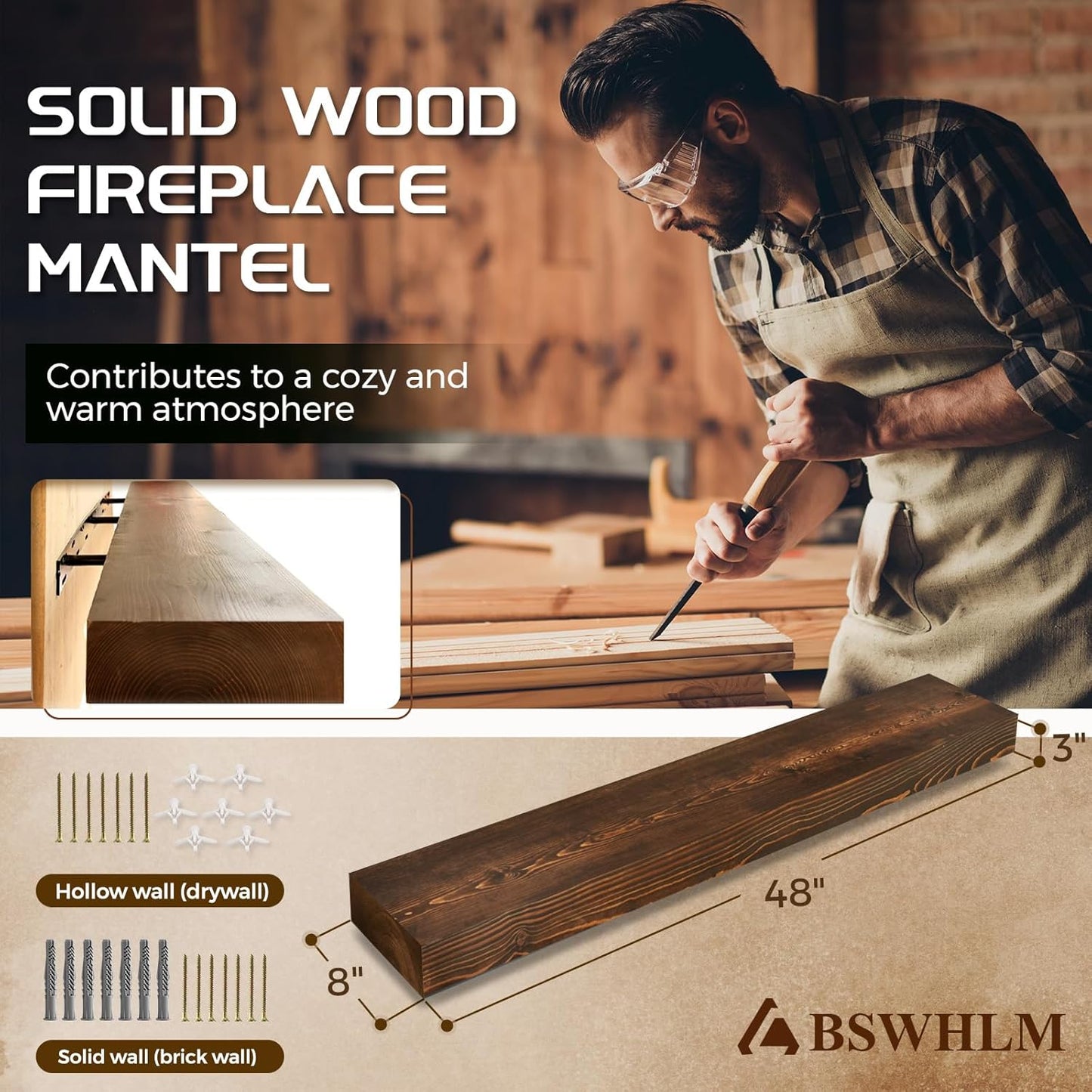 48x8x3 Fireplace Mantel - Solid Rustic Wood - Wall Mounted Floating Shelf with Invisible Heavy Duty Steel Bracket (Weathered Brown)