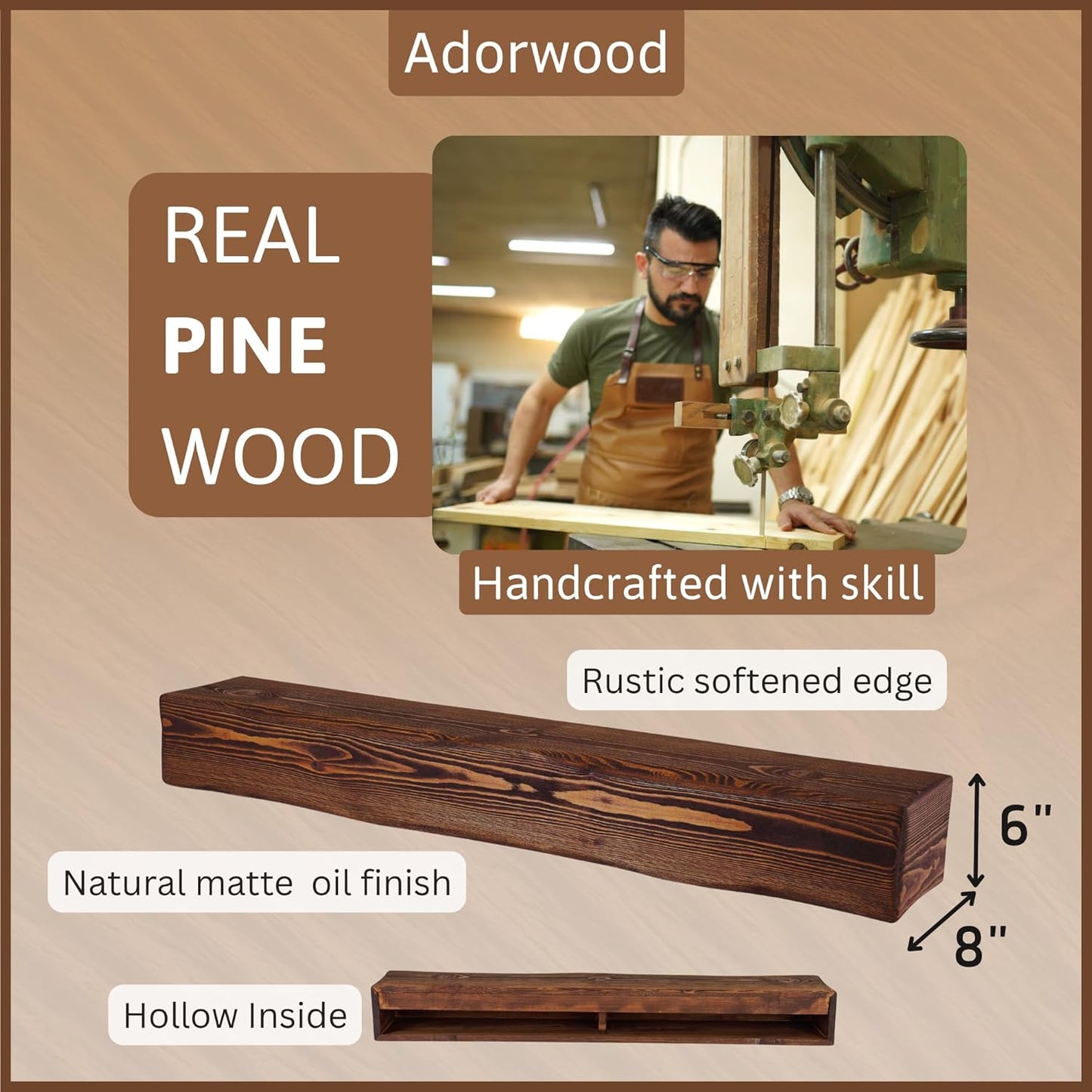 Handmade Fireplace Mantel Shelf, Extra Wide Rustic Wood Mantles for Over Fireplace, Wall Mounted Floating Mantel Shelves for Living Room Decor (Light Walnut, 60 inches)