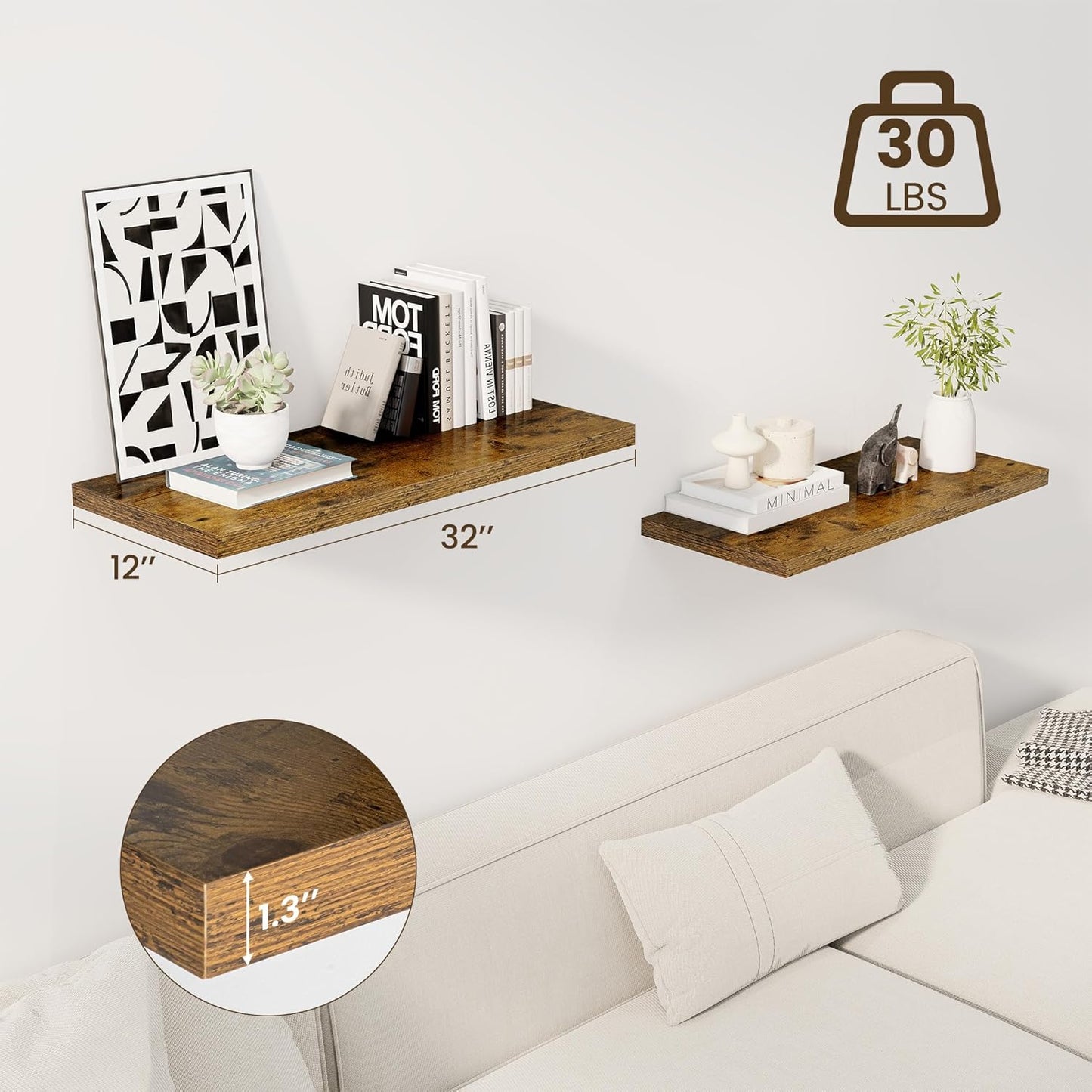 32" Floating Shelves for Wall, 12" Deep Slim Rustic Brown Floating Shelves, Wall-Mounted Shelves for Bedroom, Living Room, Kitchen, Bathroom - Set of 2