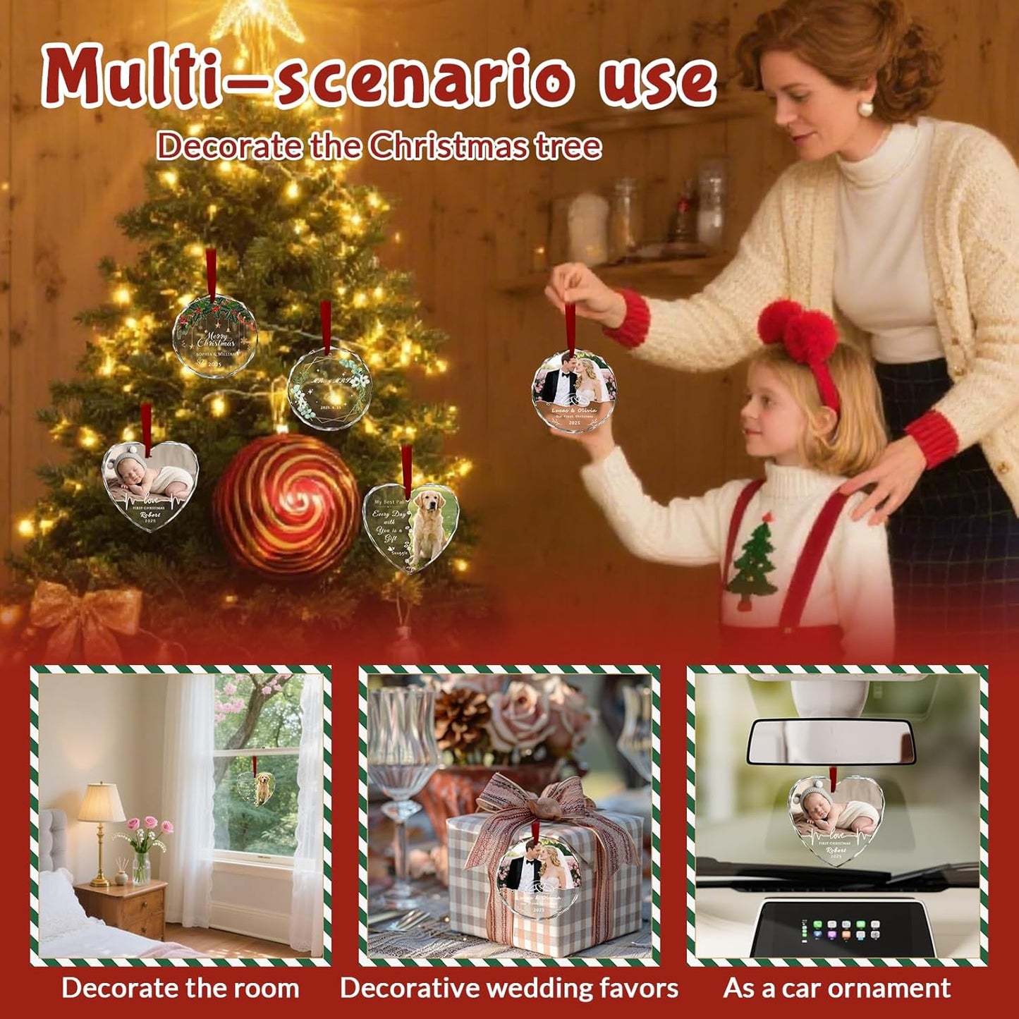 Custom Christmas Ornament Glass-Personalized Christmas Ornaments with Photo/Name/Date/Text,Wedding Christmas Birthday Baby Gifts (Color 1)