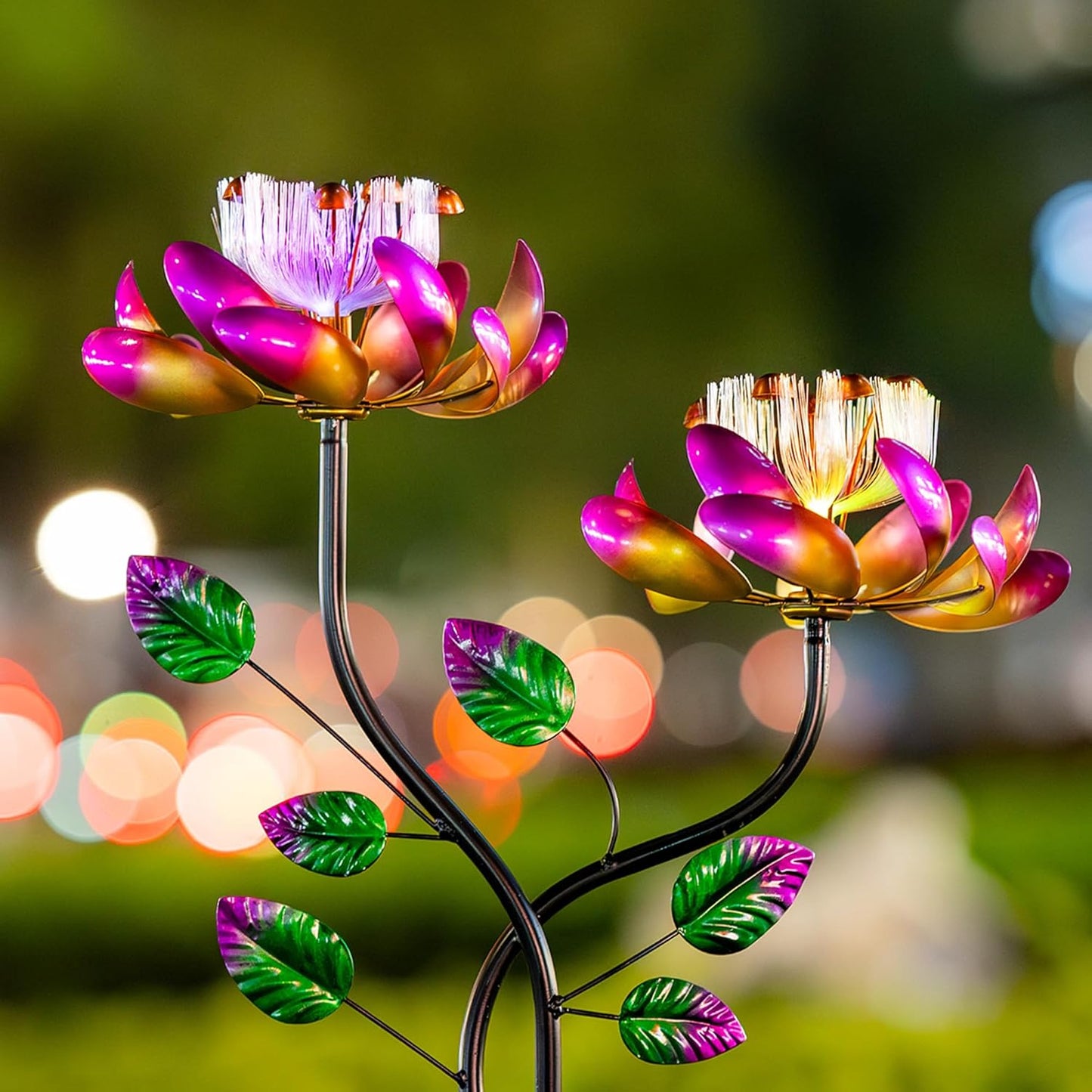 55'' Solar Powered Kinetic Wind Spinner Sculpture Pink Lotus Metal Stake Spinner for Patio, Lawn and Garden Decor Weather-Resistant Outdoor Art with Dual Lotus Design