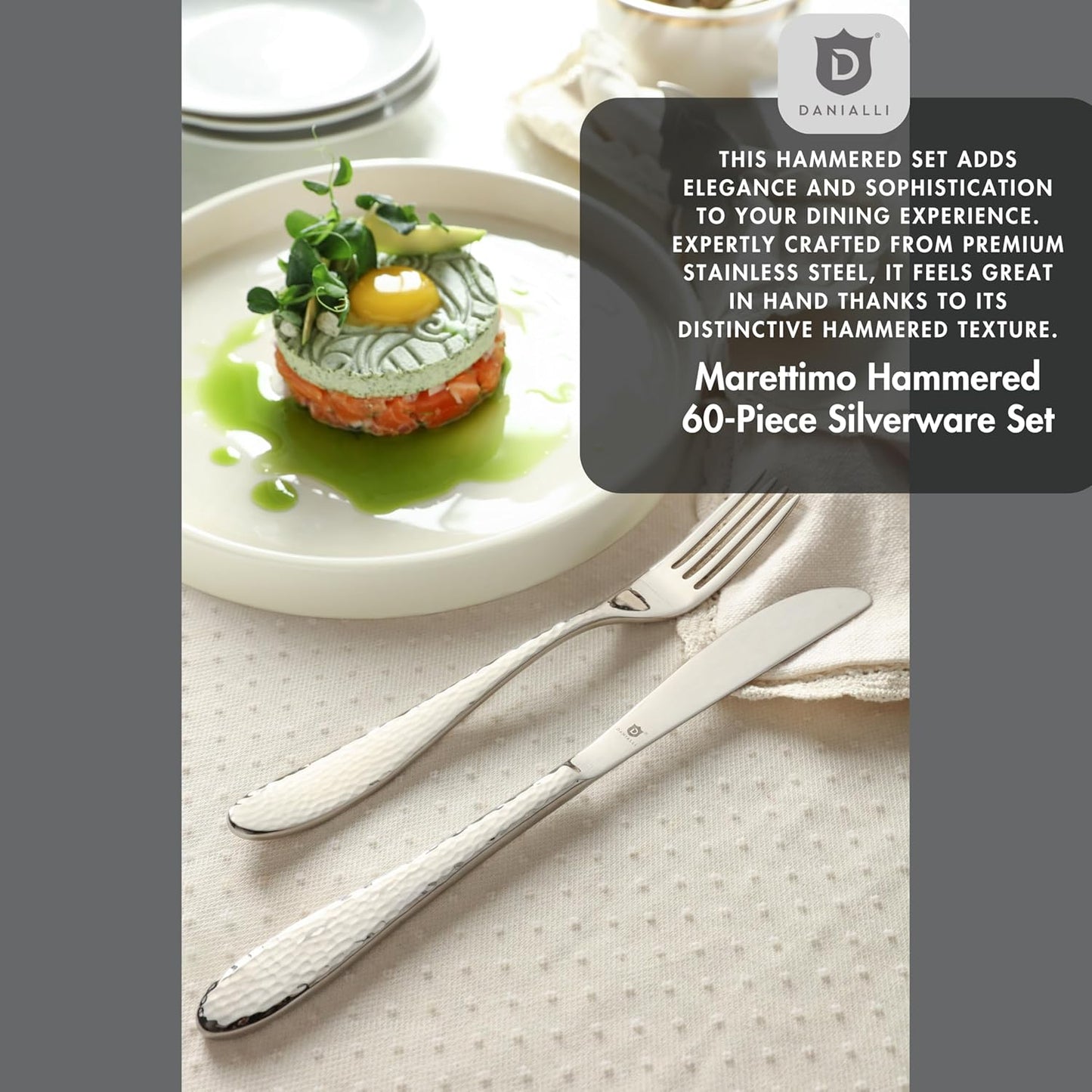 Hammered Silverware Set | Premium 18/10 Stainless Steel Flatware Service for 12 | Heavy-Duty & Dishwasher Safe | Built to Last (60-Piece, Marettimo Hammered)