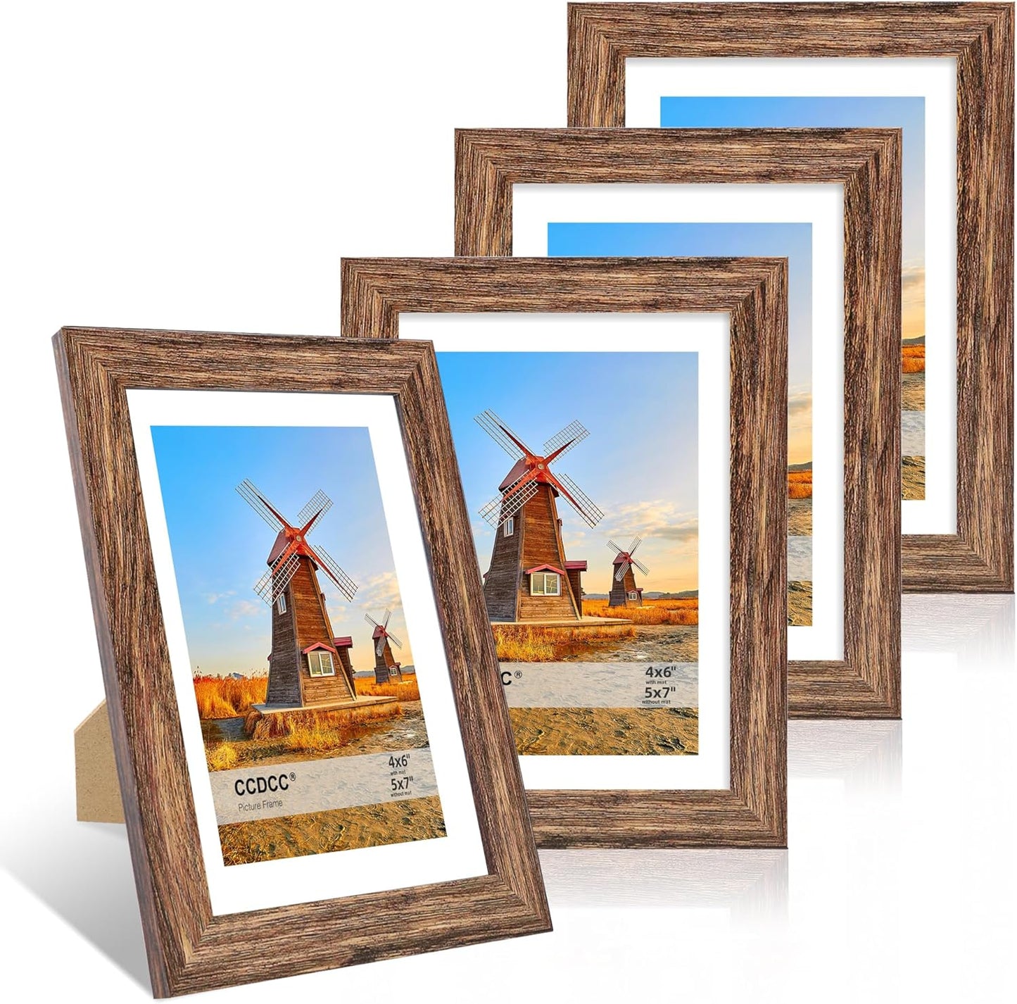 5x7 Picture Frame Set of 4, 5 x 7 Wood Photo Frames with Mat for 4x6, Natural Wooden Frame with Real Glass Cover for Wall and Tabletop Display,Rustic Brown