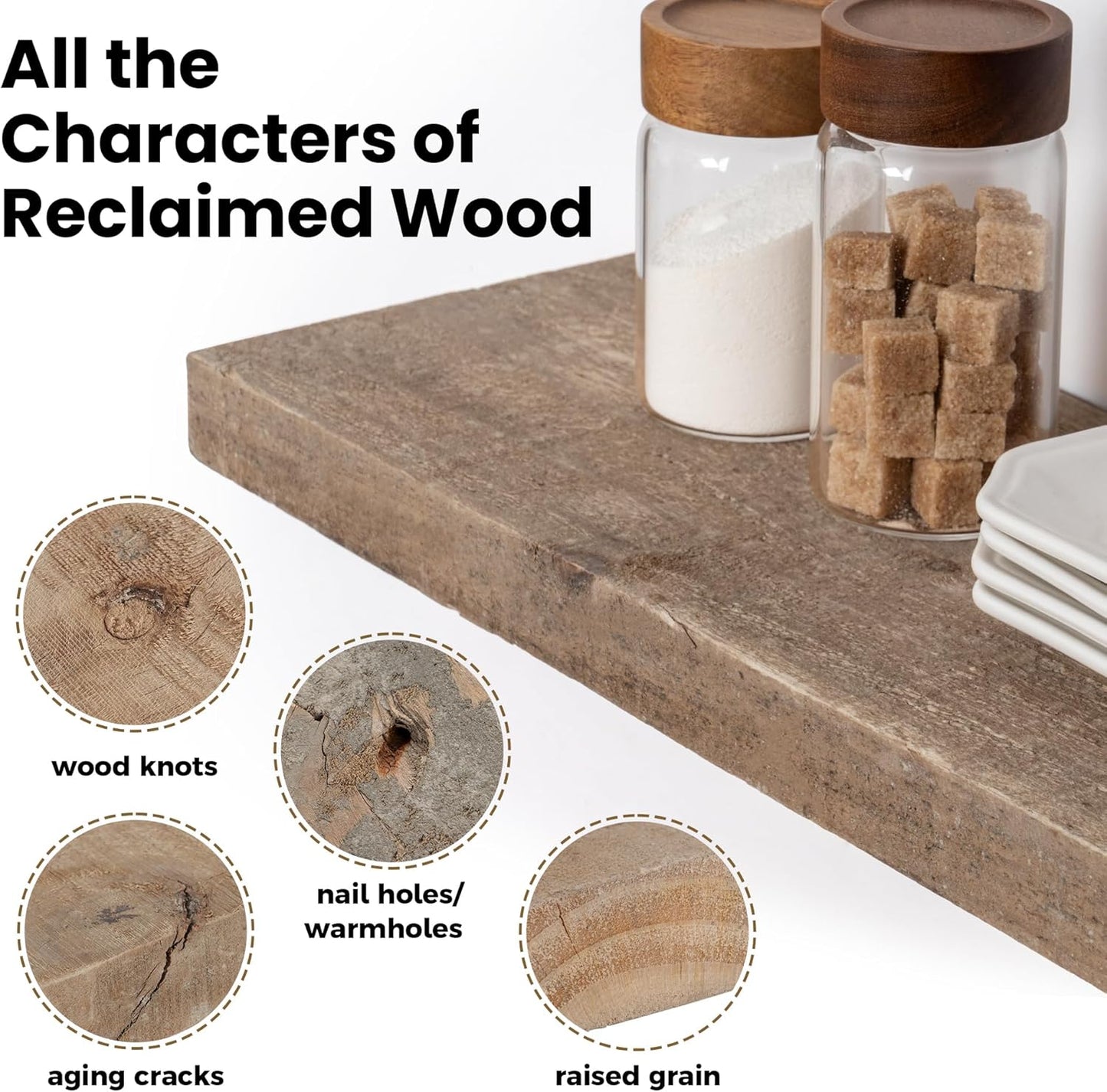 Floating Shelves, 8 Inch Deep Rustic Solid Reclaimed Wood Wall Shelves for Storage, Wall Mounted Display Shelving with Invisible Heavy-Duty Metal Bracket, 24 Inch Width Set of 2, Natural