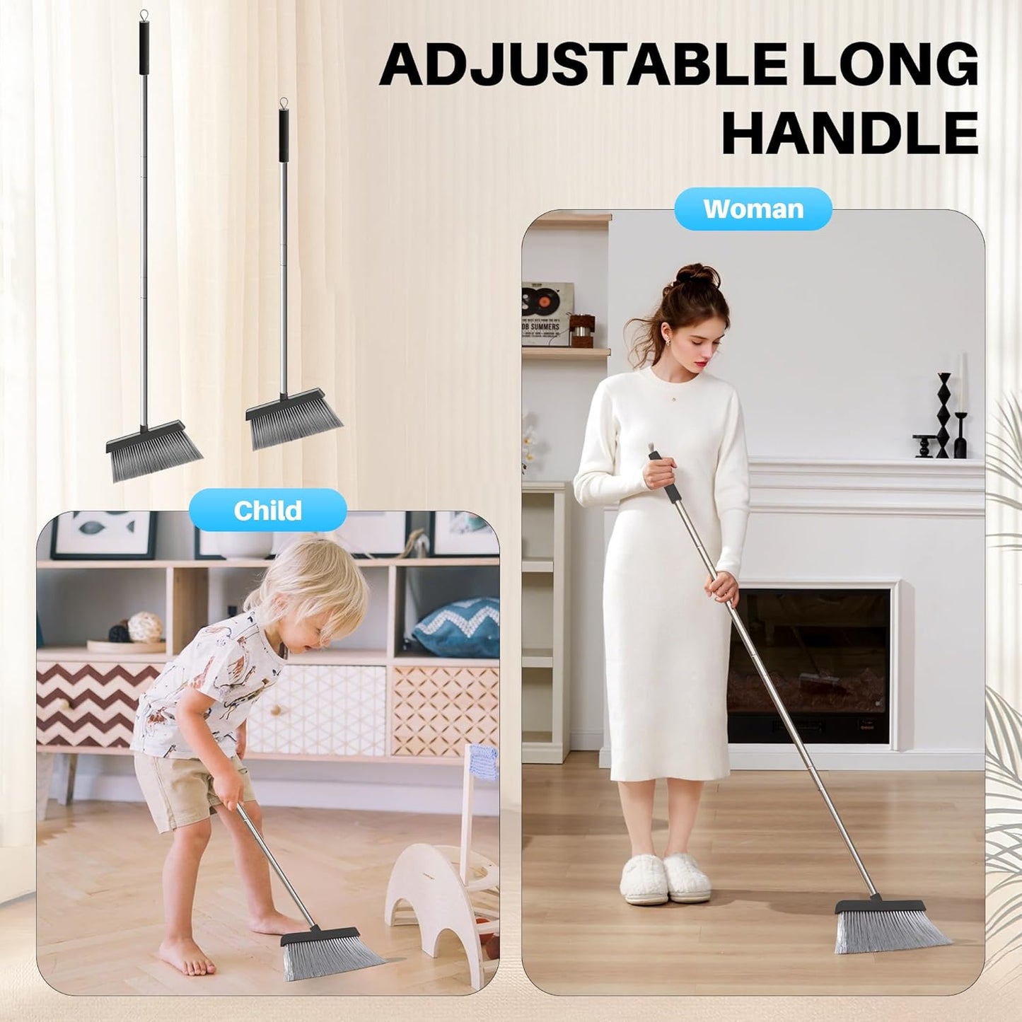 JOYMOOP Black Broom and Dustpan Set, Upright Angle Design with Built-in Comb Teeth for Home, Office, Hardwood Floors, Pet Hair