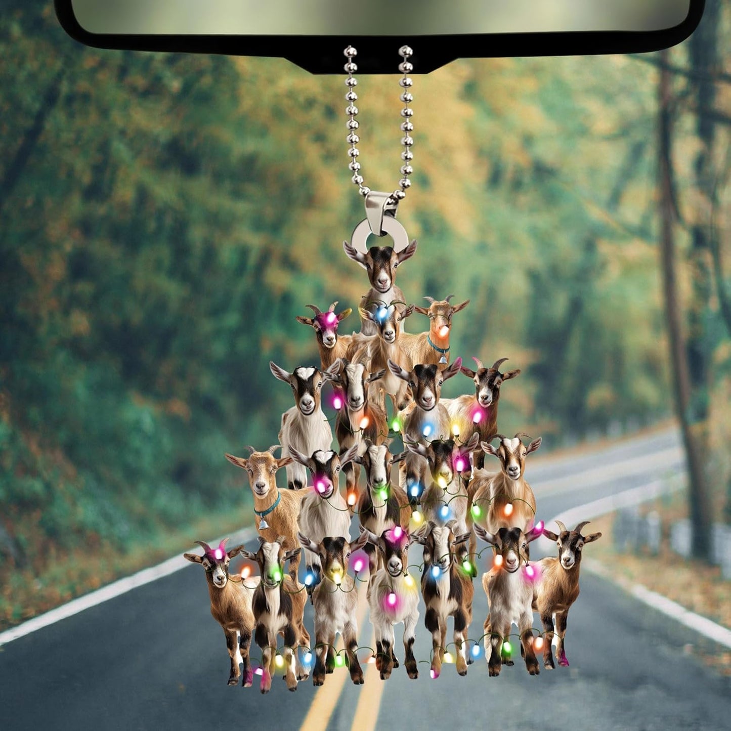 Talataca Goat 2D Flat Christmas Ornament, Goat Farm Animal Christmas Pine Tree Shape with String Light Pine Tree Decor, Hanging House Charm Eve Keepsake, Car Rear View Mirror Accessories, Xmas Gift