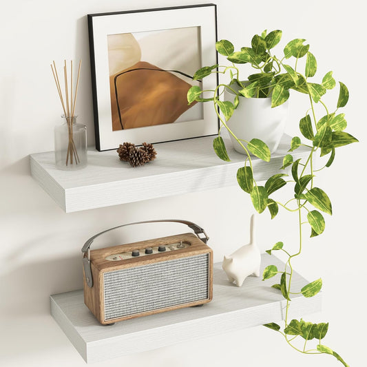 Fun Memories Deep Floating Shelves - 16" W x 9" D x 1.6" H Rustic White Wall Shelf - Wall Mounted Shelves for Storage - Wooden Shelves with Invisible Brackets for Living Room, Farmhouse - Set of 2