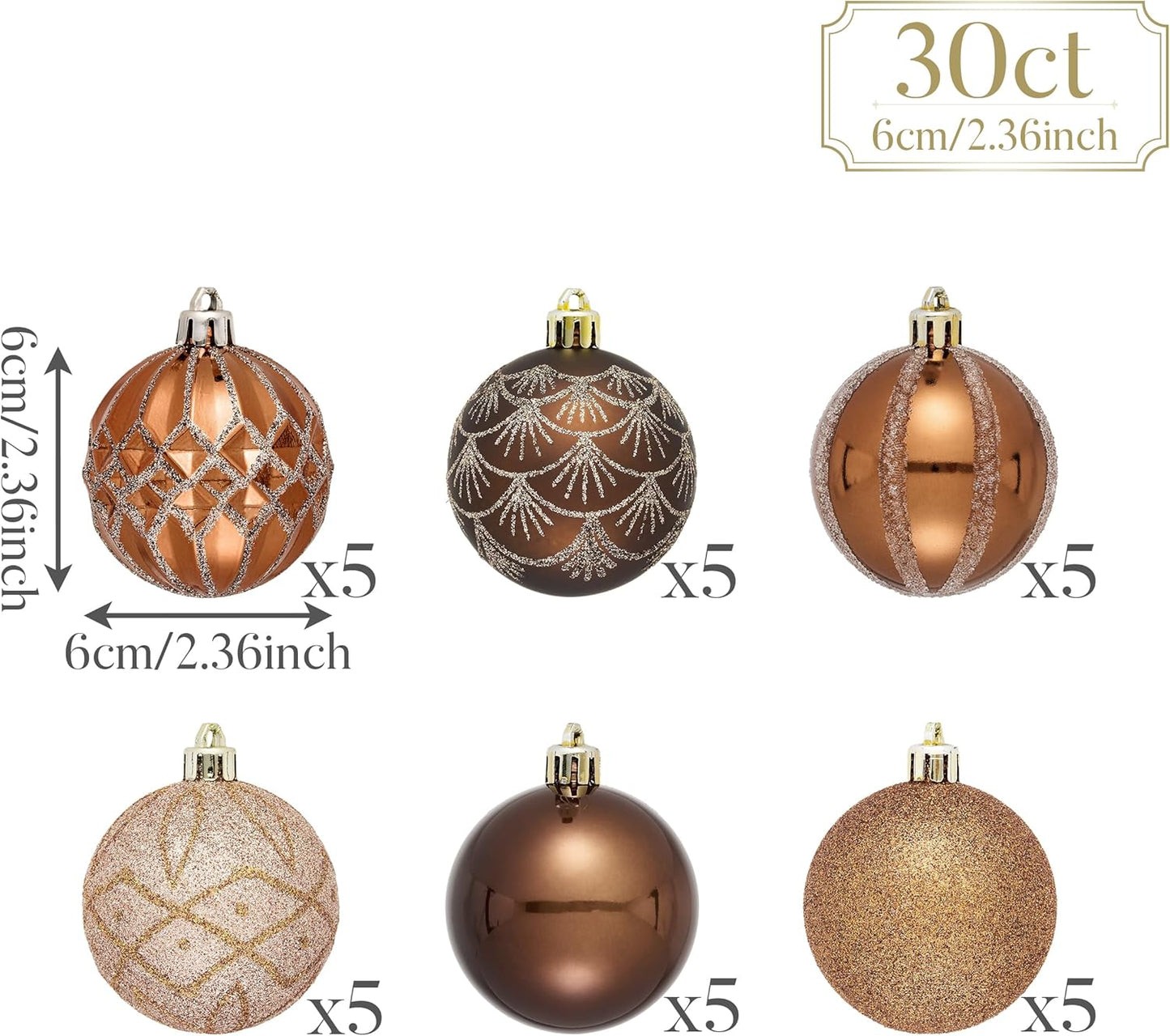 Valery Madelyn Christmas Ornaments Set, 30ct 2.36 Inches Bronze Copper Brown Gold Shatterproof Christmas Tree Decorations Ball Ornaments Bulk, Elegant Hanging Ornaments for Xmas Holiday Party Decor