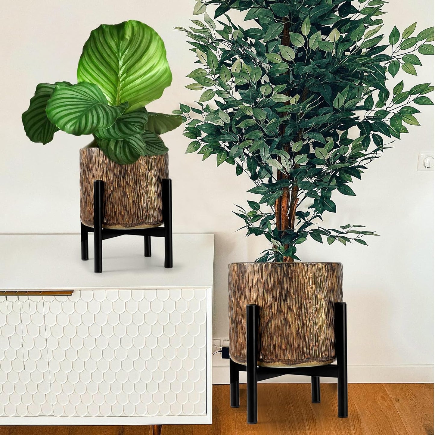 Harvest Land Plant Pots with Stand, Set of 2 Large Modern Planters Metal Tall Handmade Flower Pots with Drainage Holes Indoor Outdoor,Bronze