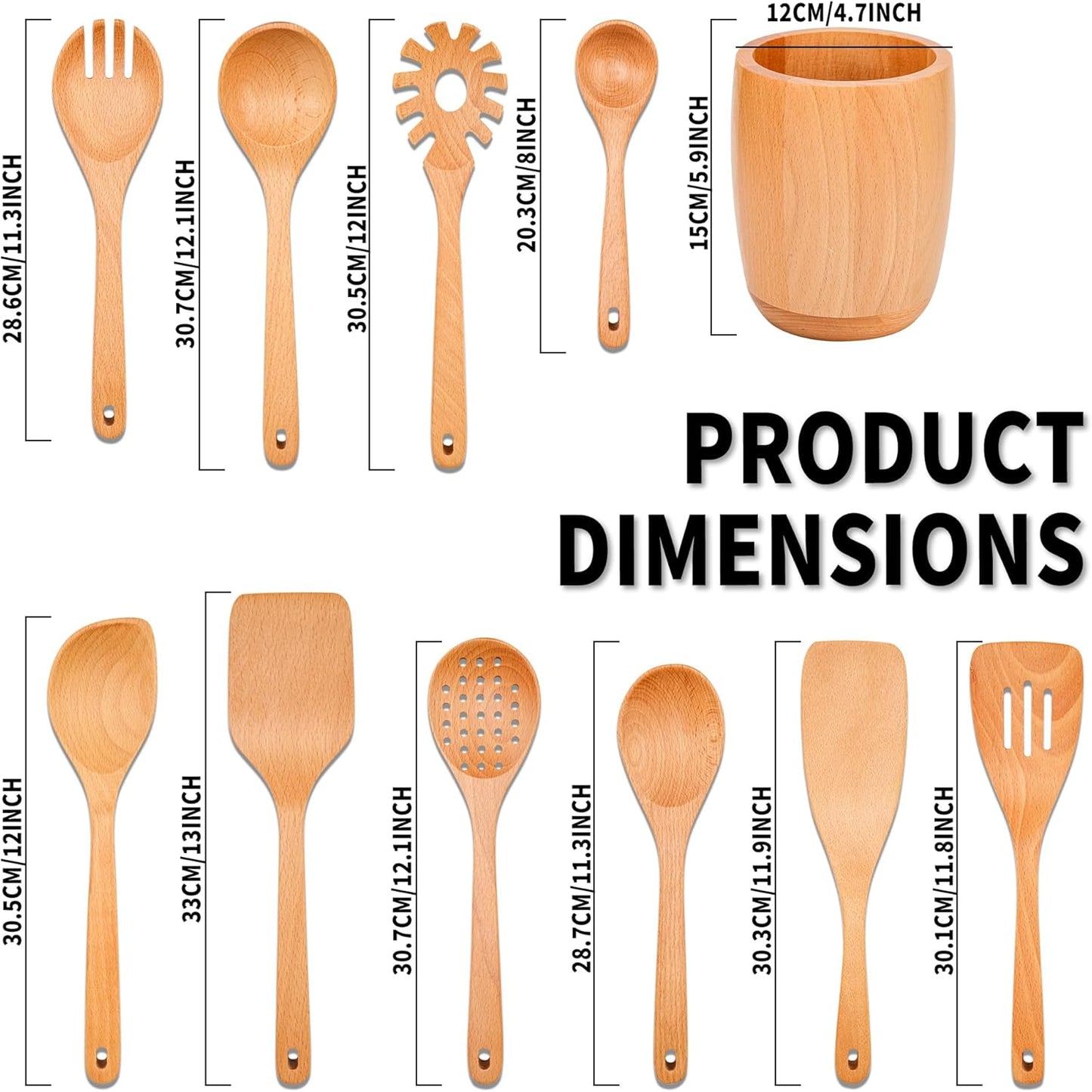 11 PCS WOSPONFAN Kitchen Utensils Set - Wooden Spoons for Cooking, Natural Beech Wood Wooden Utensils - Includes Wooden Spoons, Spatula Set, Slotted Spoon - Handmade Wooden Spoon Set