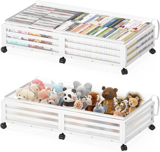 Under Bed Storage Containers With Wheels - 2 Pcs Large Bamboo Wood Rolling Underbed Shoe Storage Bins With Dust Bags for Clothes Blankets, Duvet Covers Snacks Toys (White)