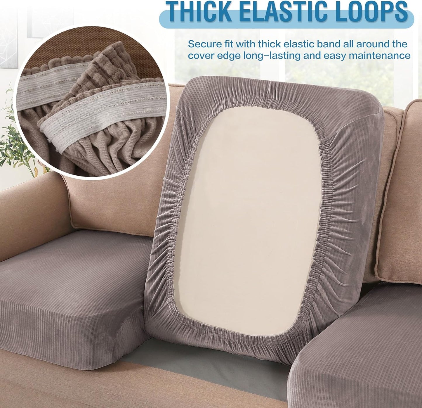 H.VERSAILTEX Velvet Stretch Couch Cushion Cover Plush Cushion Slipcover for Chair Cushion Furniture Protector Seat Cushion Sofa Cover (1 Piece Armchair Cushion Covers, Taupe Striped)