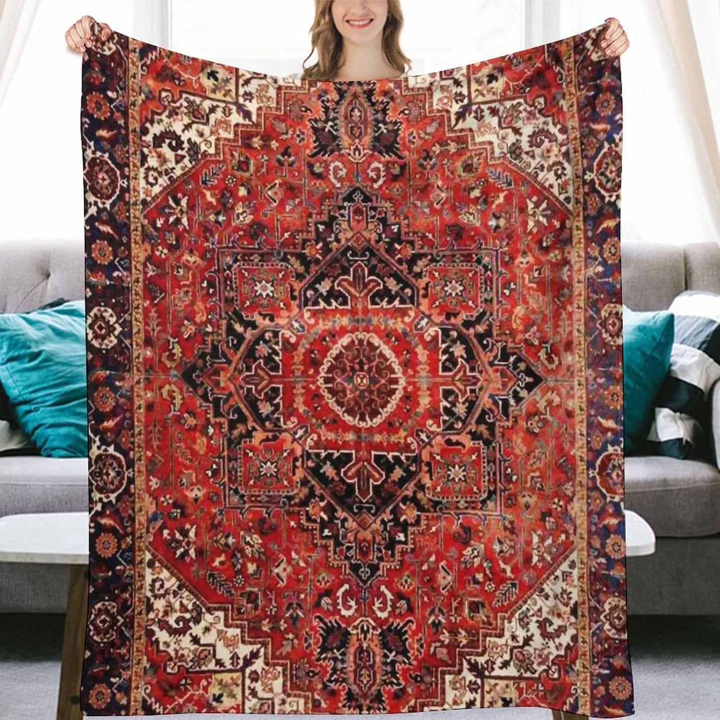 Heriz Antique Vintage Boho Persian Carpet Flannel Fleece Throw Blankets 50"X40" Lightweight Fluffy Winter Fall Blanket Cozy Soft Fuzzy Plush Home Decor for Couch Bed Sofa Bedroom Living Room Travel